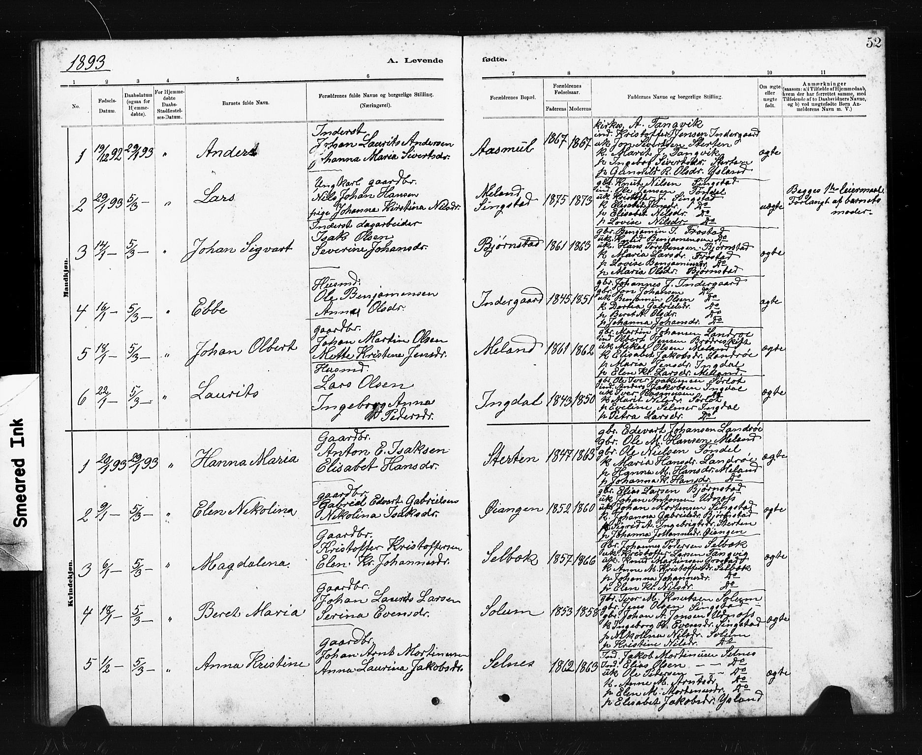 Ministerialprotokoller, klokkerbøker og fødselsregistre - Sør-Trøndelag, SAT/A-1456/663/L0761: Parish register (copy) no. 663C01, 1880-1893, p. 52