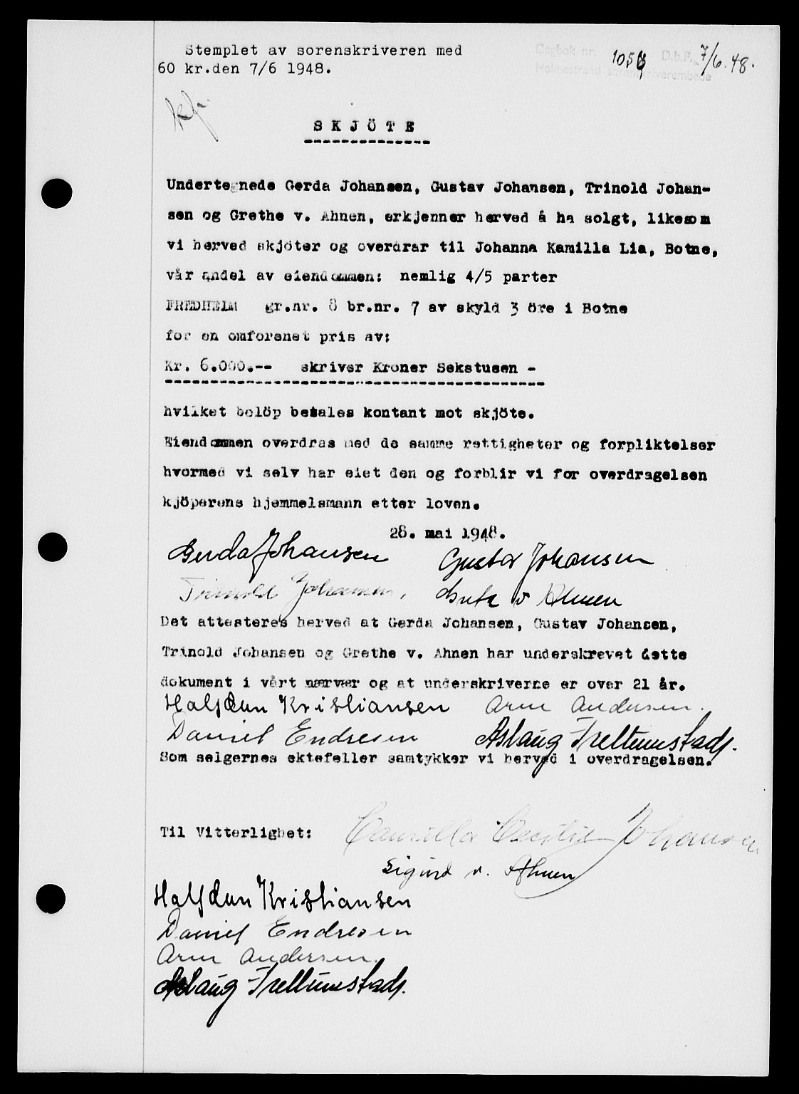 Holmestrand sorenskriveri, AV/SAKO-A-67/G/Ga/Gaa/L0064: Mortgage book no. A-64, 1948-1948, Diary no: : 1056/1948