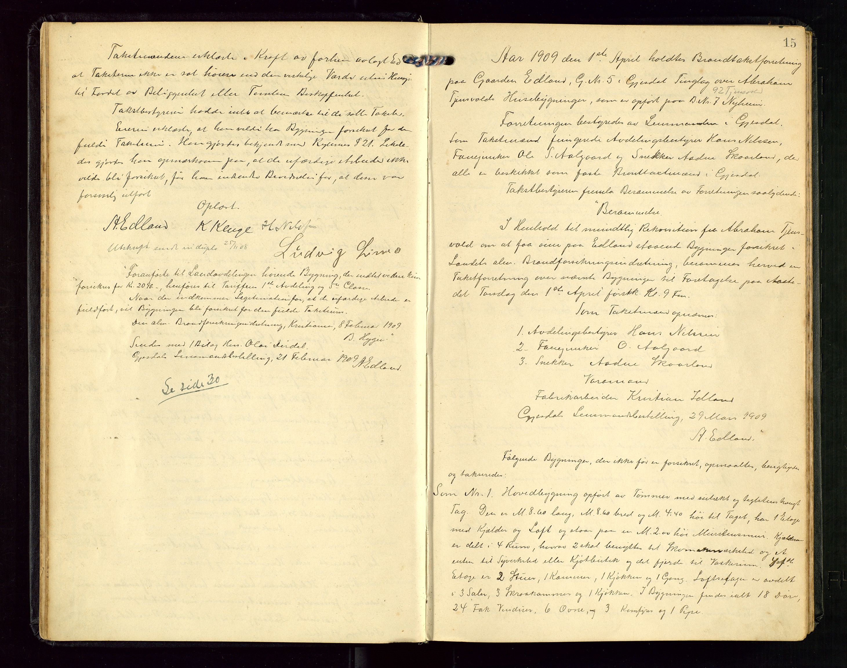 Gjesdal lensmannskontor, AV/SAST-A-100441/Go/L0002: Branntakstprotokoll, 1907-1921, p. 14b-15a