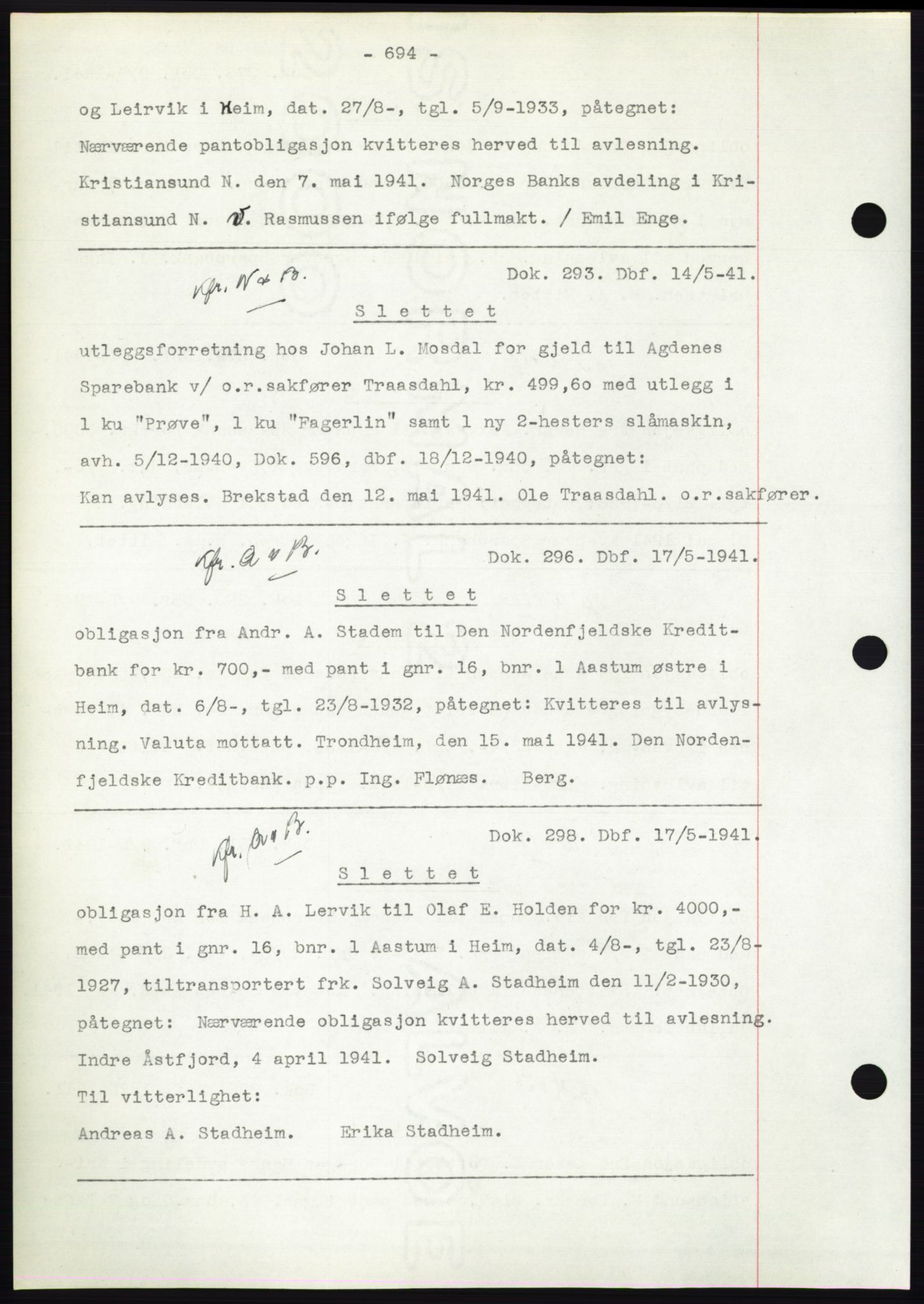 Hitra sorenskriveri, AV/SAT-A-0018/2/2C/2Ca: Mortgage book no. C1, 1936-1945, Diary no: : 293/1941