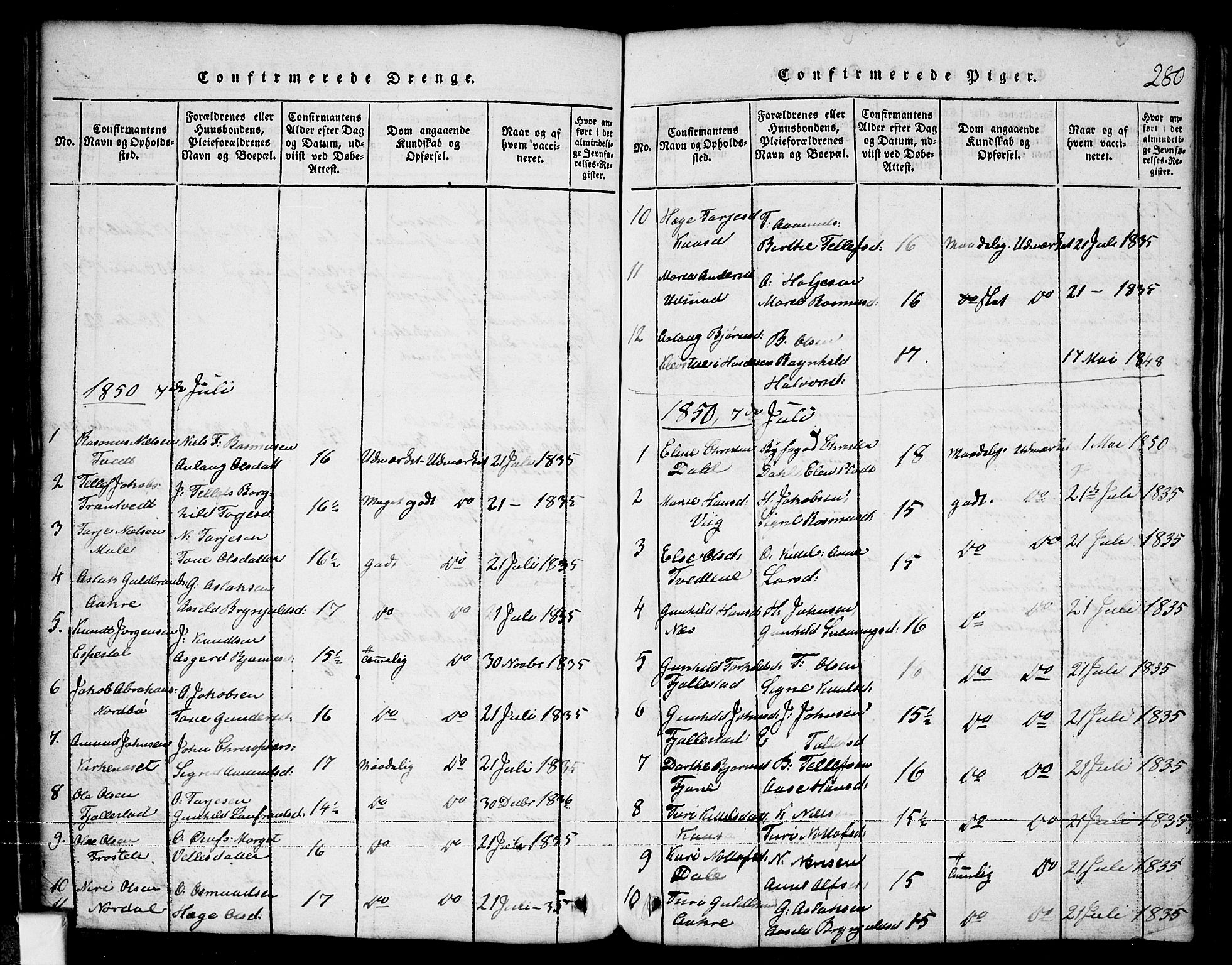 Nissedal kirkebøker, SAKO/A-288/G/Ga/L0001: Parish register (copy) no. I 1, 1814-1860, p. 280