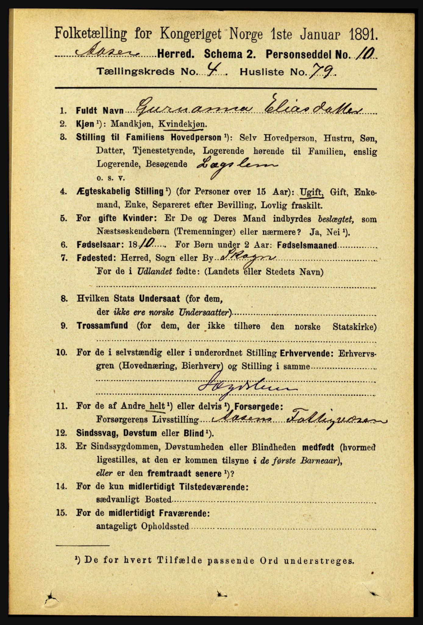 RA, 1891 census for 1716 Åsen, 1891, p. 1901