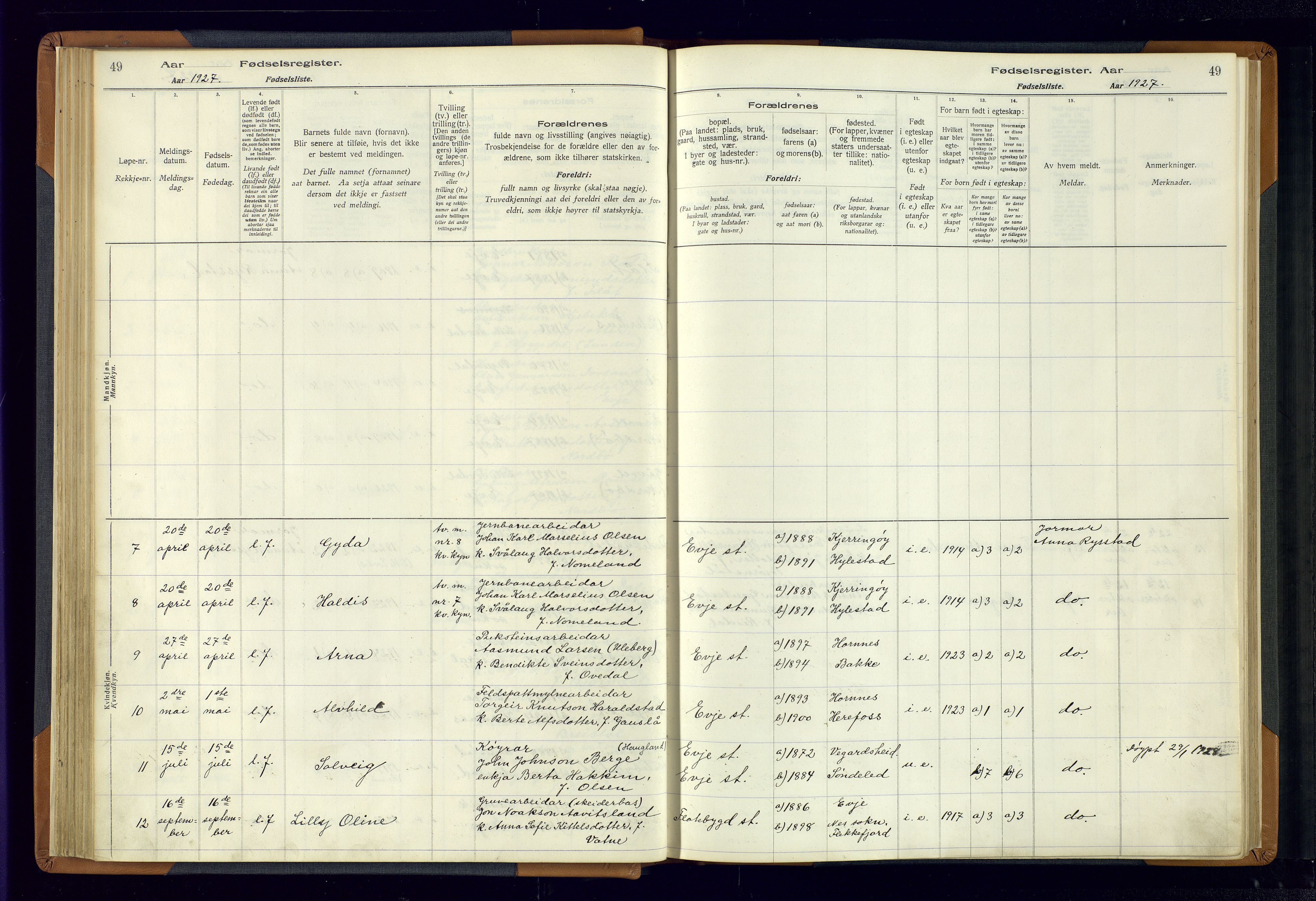 Evje sokneprestkontor, AV/SAK-1111-0008/J/Jc/L0004: Birth register no. 4, 1916-1968, p. 49