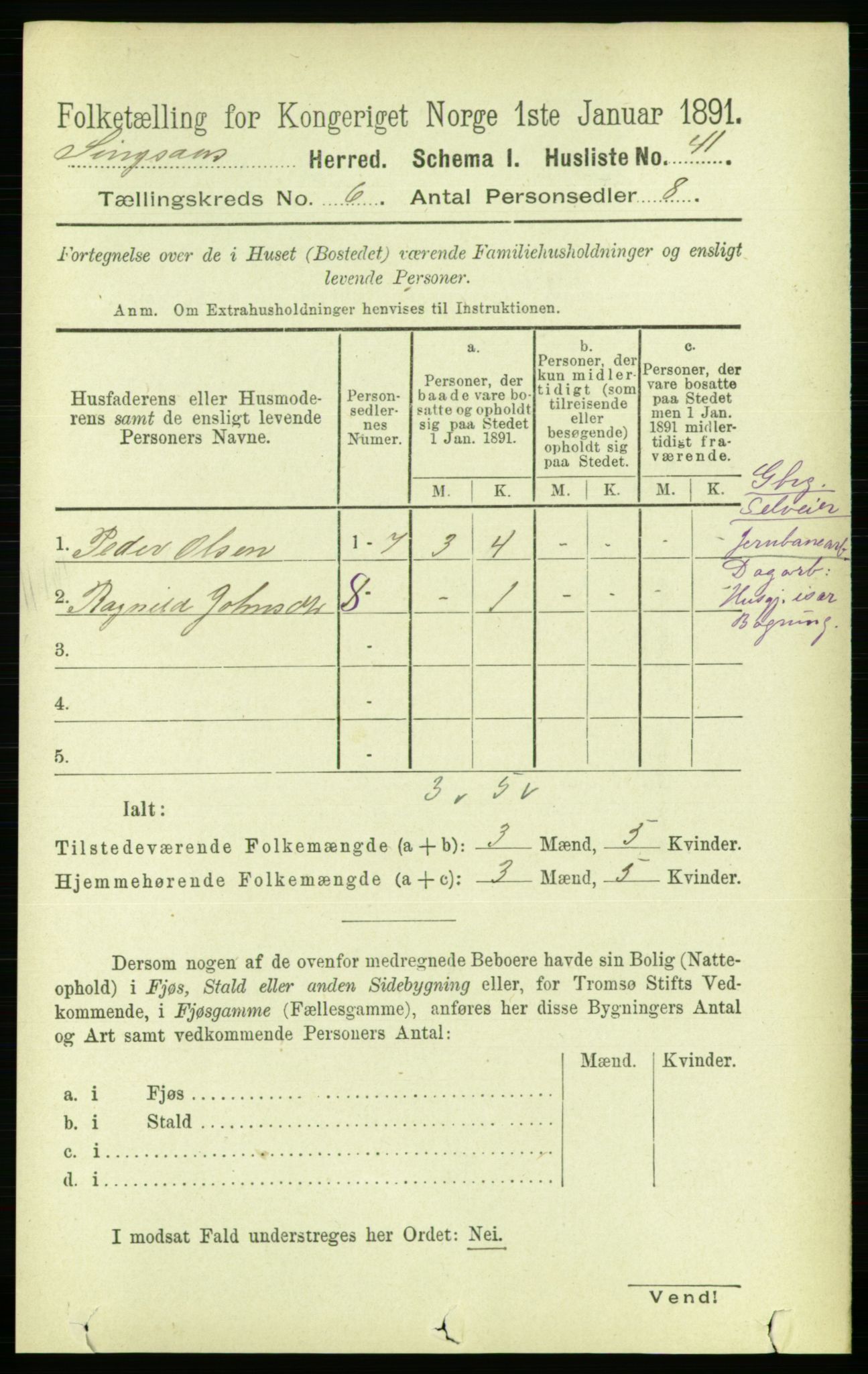 RA, 1891 census for 1646 Singsås, 1891, p. 1213