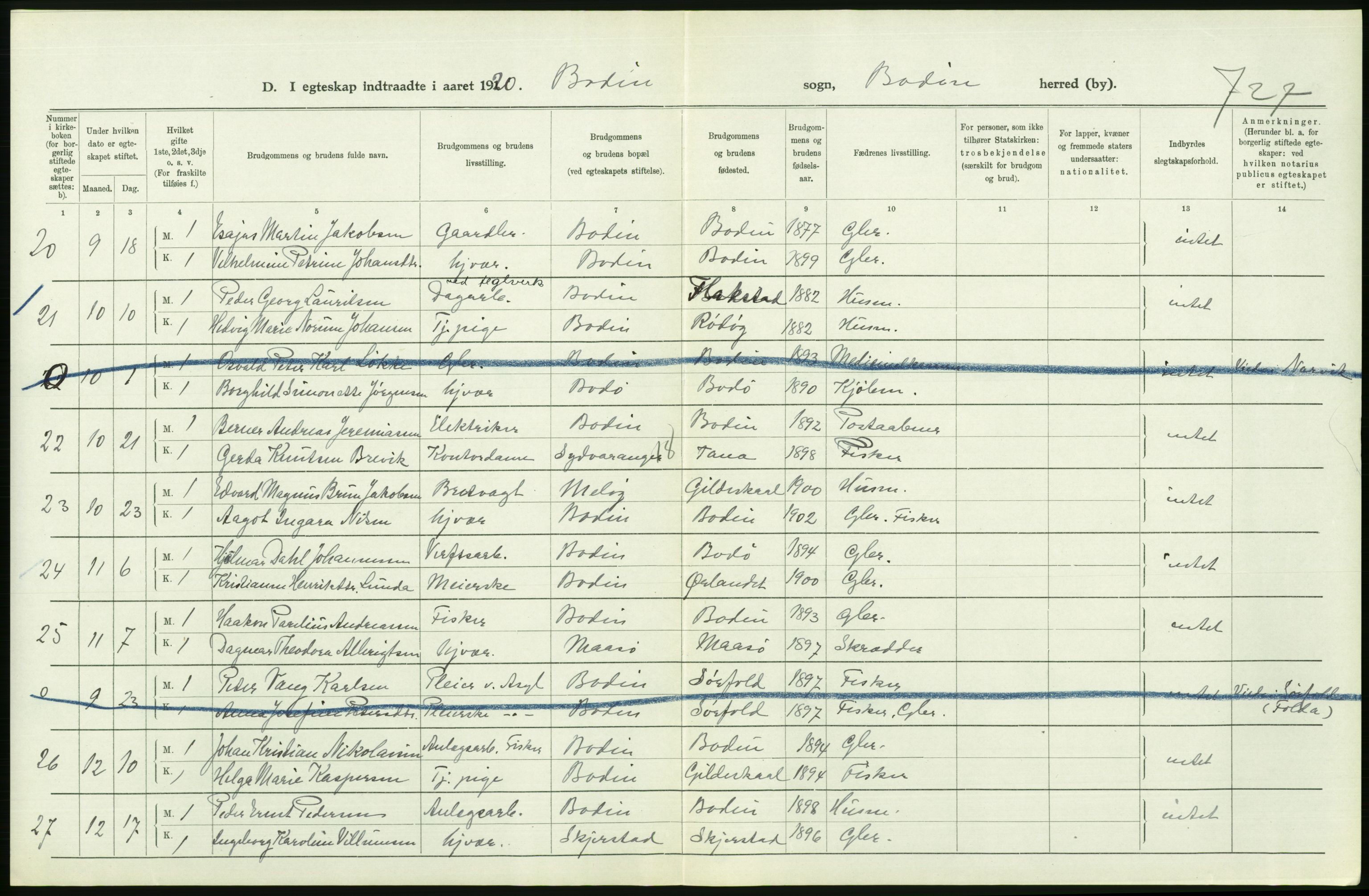 Statistisk sentralbyrå, Sosiodemografiske emner, Befolkning, AV/RA-S-2228/D/Df/Dfb/Dfbj/L0057: Nordland fylke: Gifte, dødfødte. Bygder og byer., 1920, p. 148