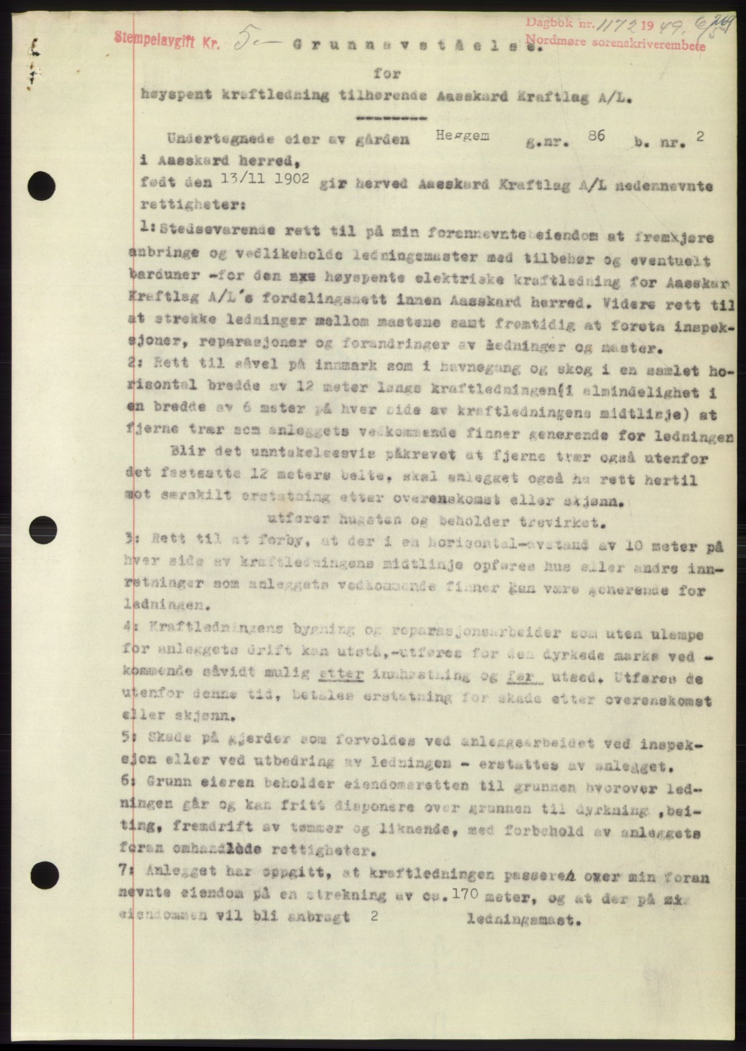 Nordmøre sorenskriveri, AV/SAT-A-4132/1/2/2Ca: Mortgage book no. B101, 1949-1949, Diary no: : 1172/1949