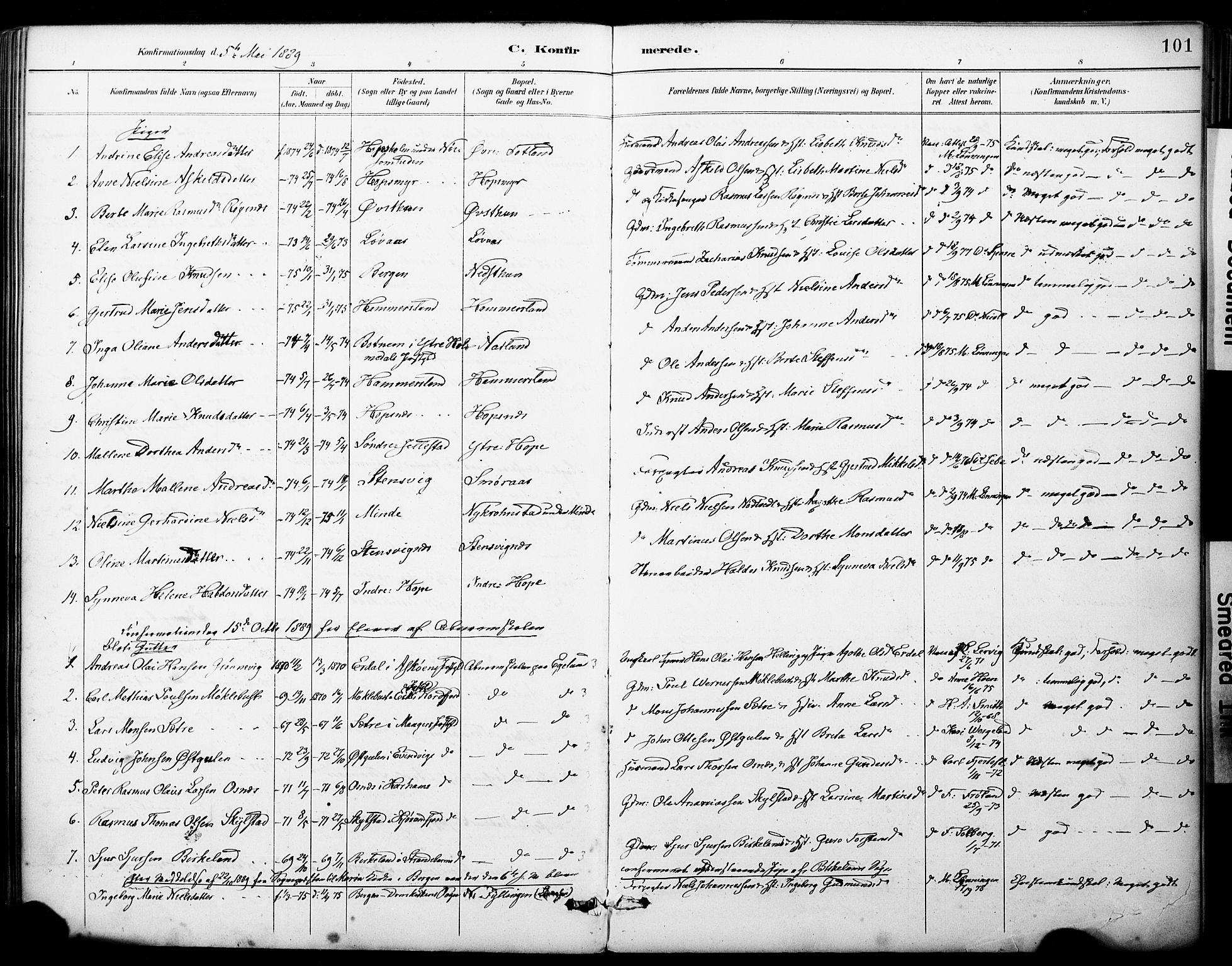 Fana Sokneprestembete, AV/SAB-A-75101/H/Haa/Haai/L0002: Parish register (official) no. I 2, 1888-1899, p. 101