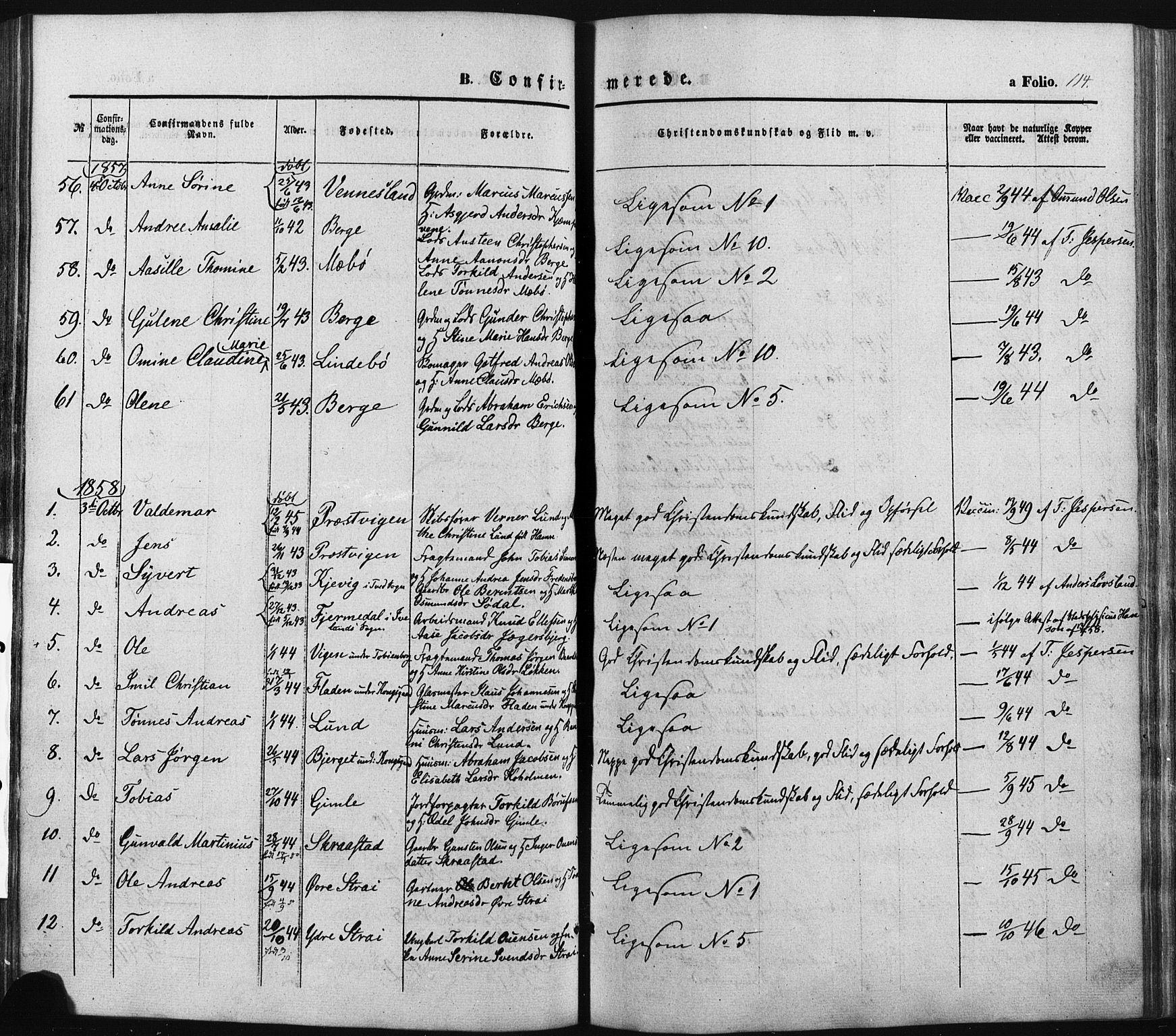 Oddernes sokneprestkontor, SAK/1111-0033/F/Fa/Faa/L0007: Parish register (official) no. A 7, 1851-1863, p. 114
