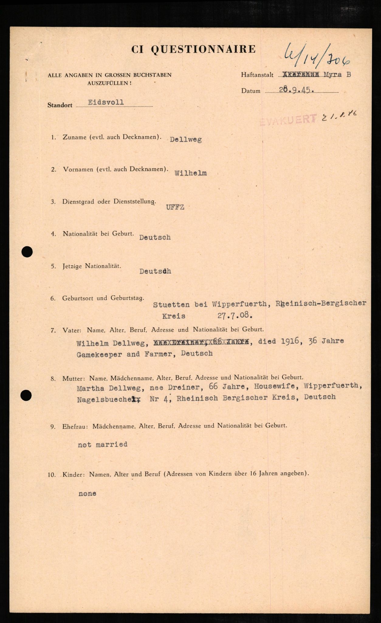 Forsvaret, Forsvarets overkommando II, RA/RAFA-3915/D/Db/L0005: CI Questionaires. Tyske okkupasjonsstyrker i Norge. Tyskere., 1945-1946, p. 439