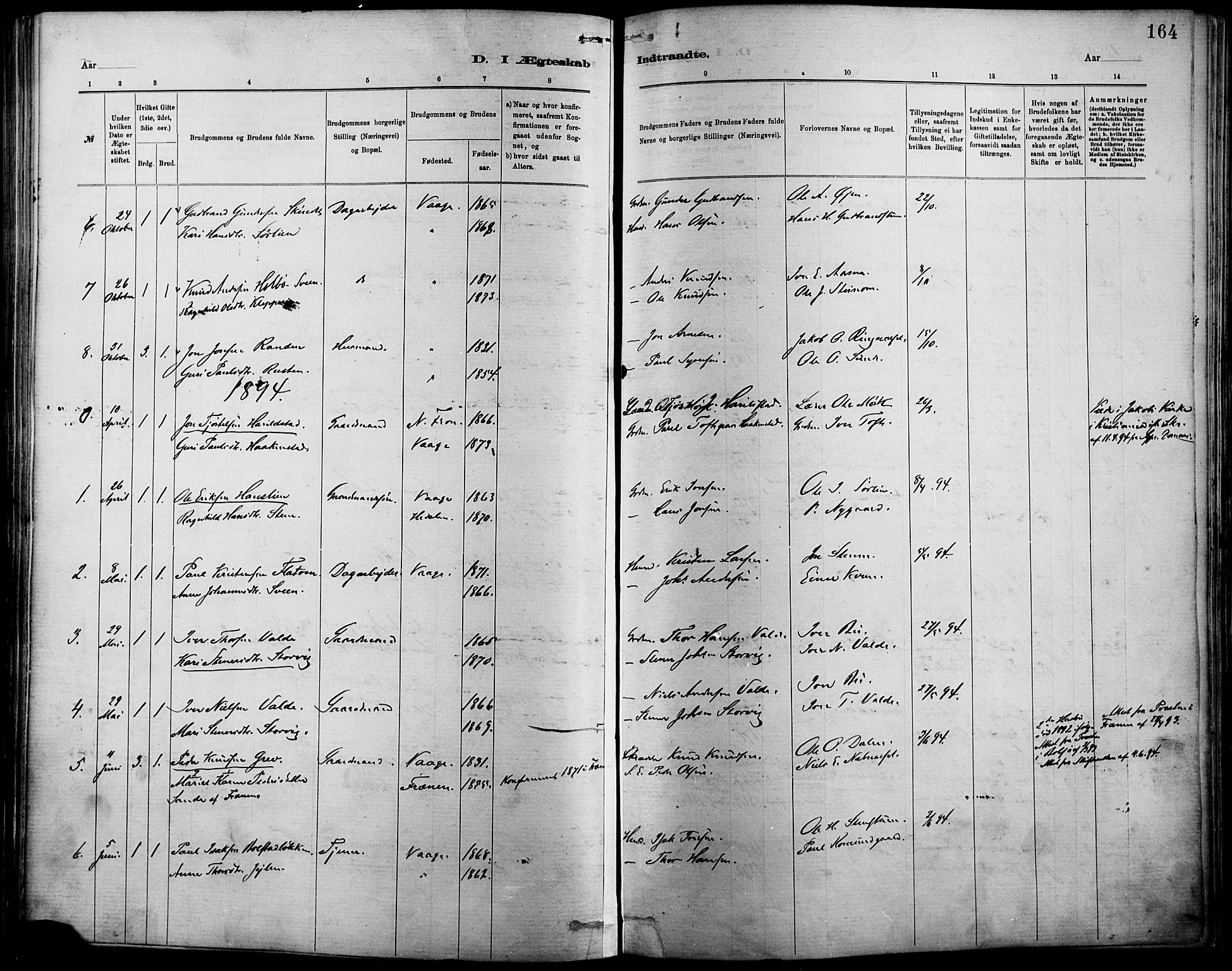 Vågå prestekontor, SAH/PREST-076/H/Ha/Haa/L0009: Parish register (official) no. 9, 1886-1904, p. 164