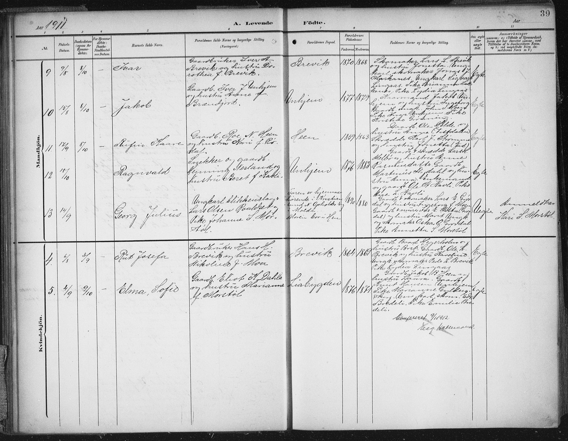 Ministerialprotokoller, klokkerbøker og fødselsregistre - Møre og Romsdal, AV/SAT-A-1454/545/L0589: Parish register (copy) no. 545C03, 1902-1937, p. 39