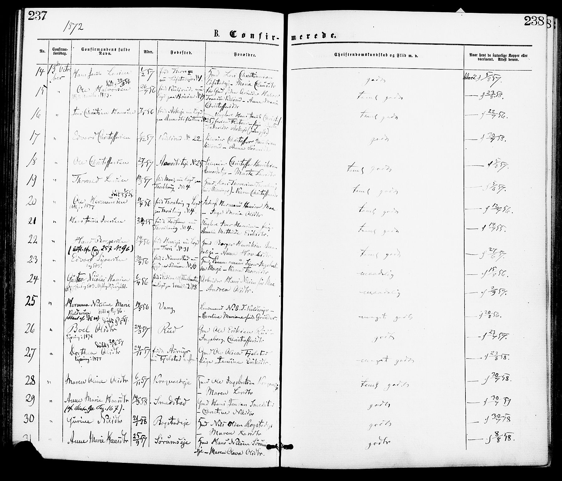 Gjerdrum prestekontor Kirkebøker, SAO/A-10412b/F/Fa/L0008: Parish register (official) no. I 8, 1867-1880, p. 237-238