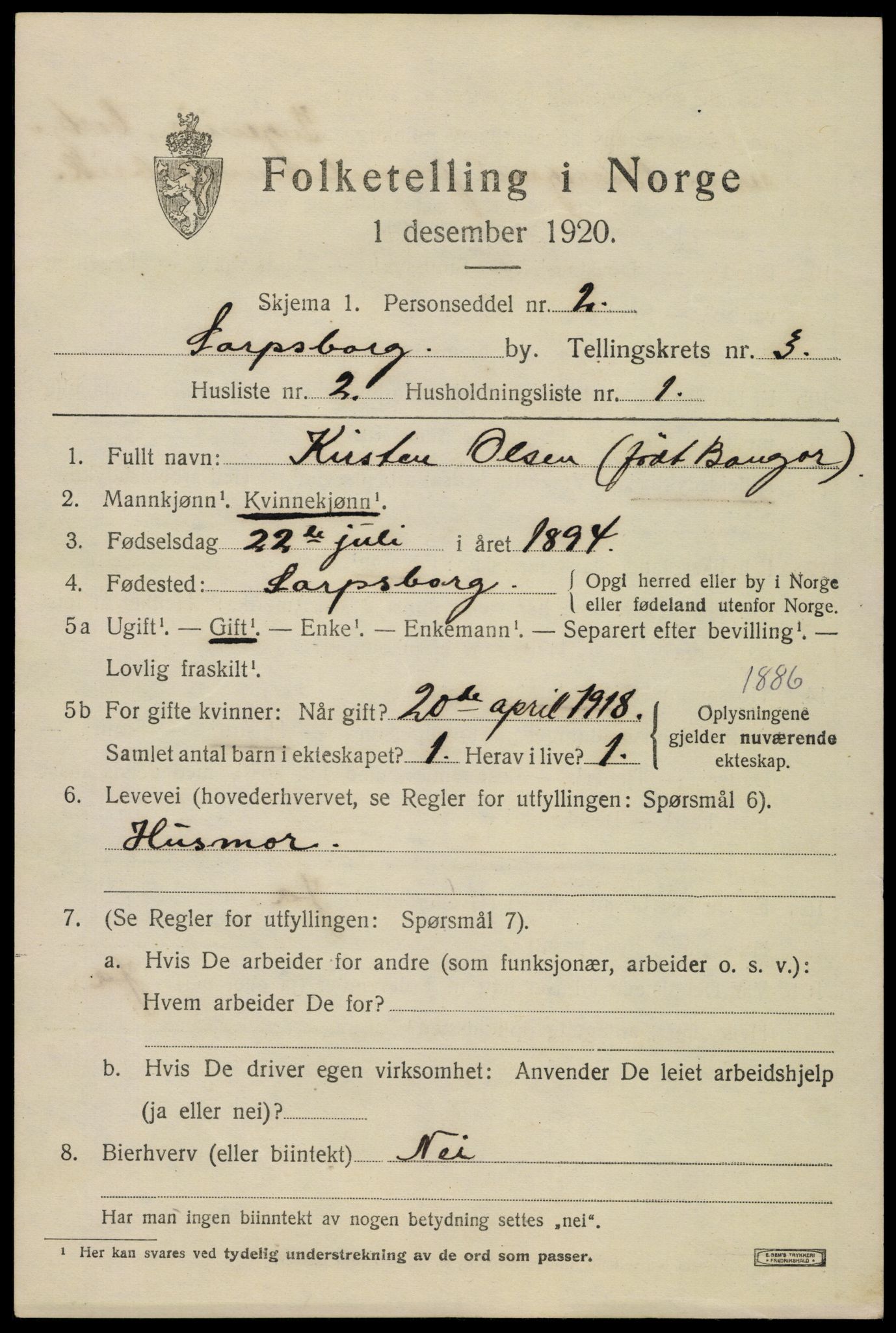 SAO, 1920 census for Sarpsborg, 1920, p. 10684