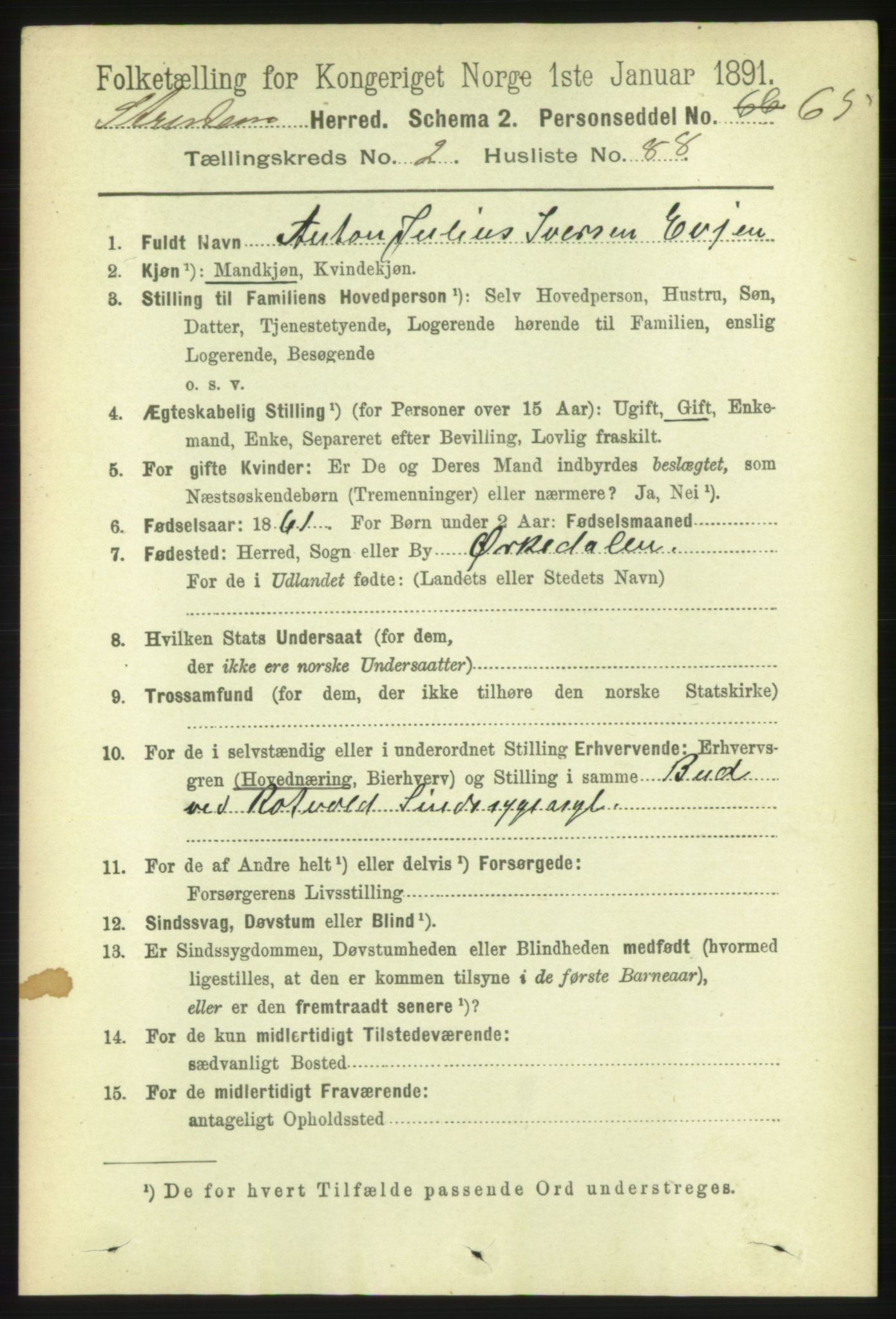 RA, 1891 census for 1660 Strinda, 1891, p. 1588