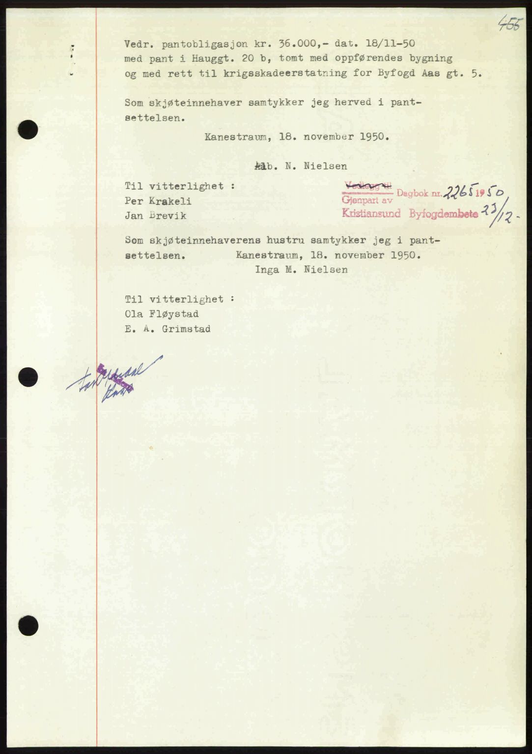 Kristiansund byfogd, AV/SAT-A-4587/A/27: Mortgage book no. 50, 1950-1950, Diary no: : 2265/1950