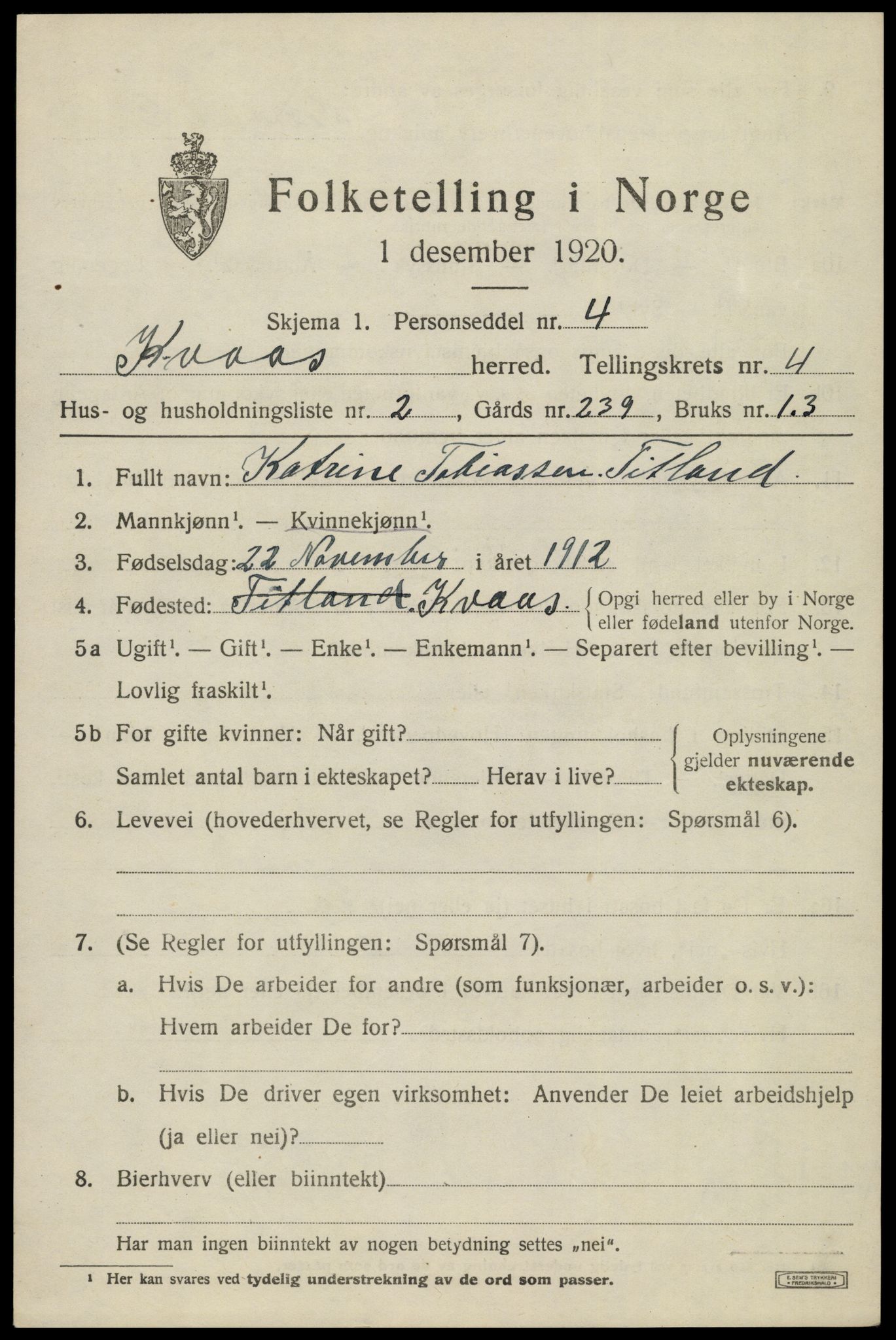 SAK, 1920 census for Kvås, 1920, p. 1180