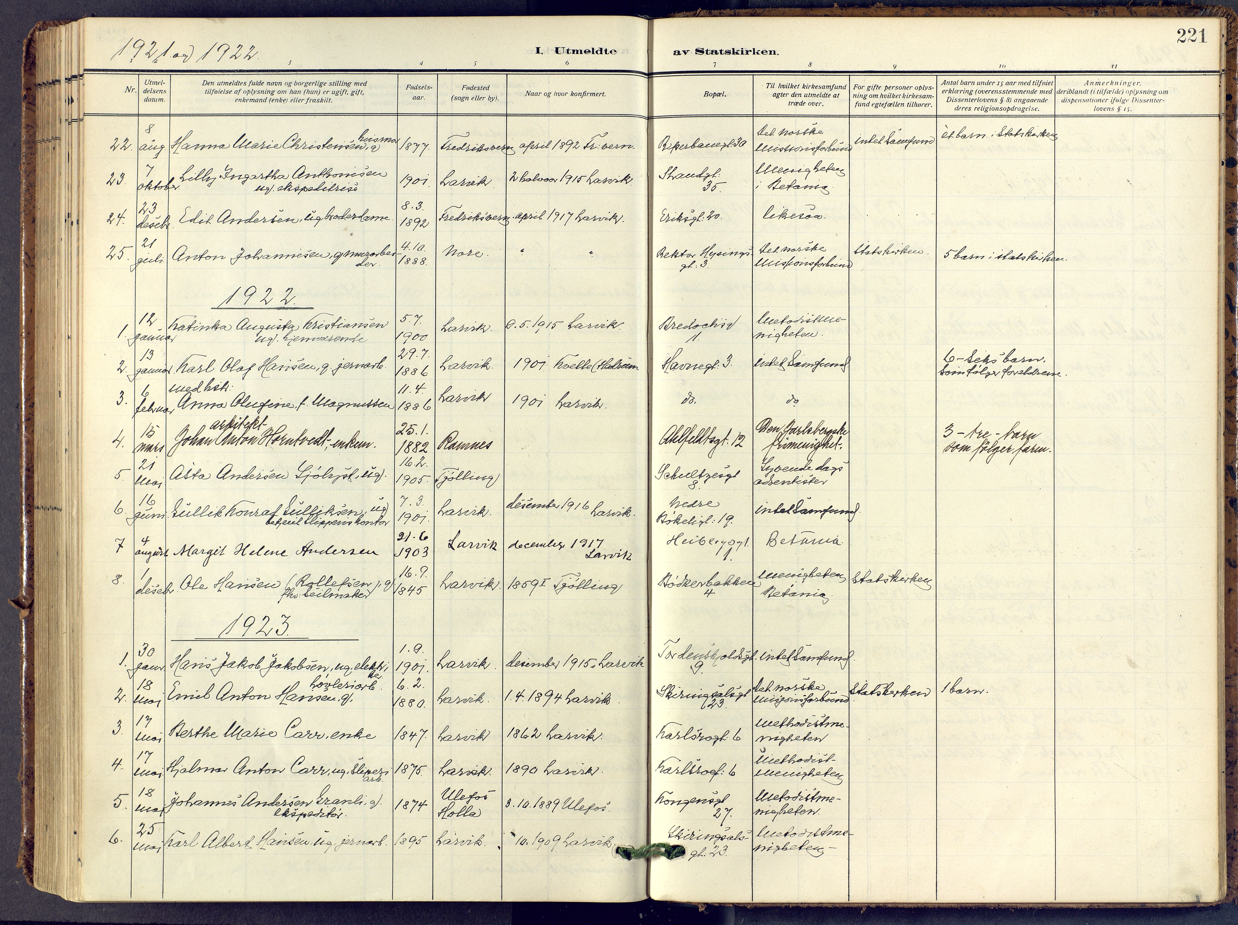 Larvik kirkebøker, SAKO/A-352/F/Fa/L0013: Parish register (official) no. I 13, 1910-1960, p. 221