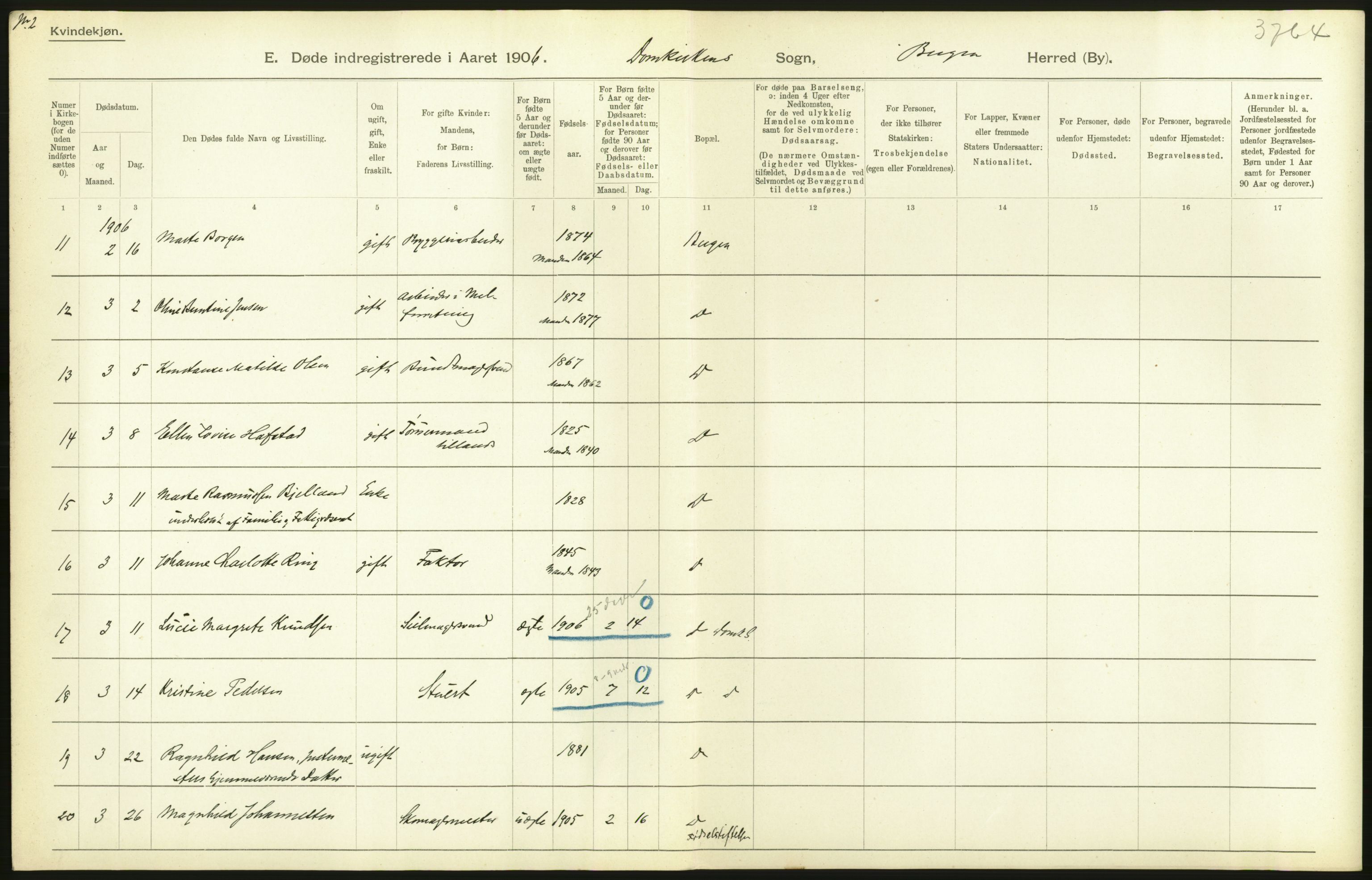 Statistisk sentralbyrå, Sosiodemografiske emner, Befolkning, AV/RA-S-2228/D/Df/Dfa/Dfad/L0032: Bergen: Gifte, døde, dødfødte., 1906, p. 130