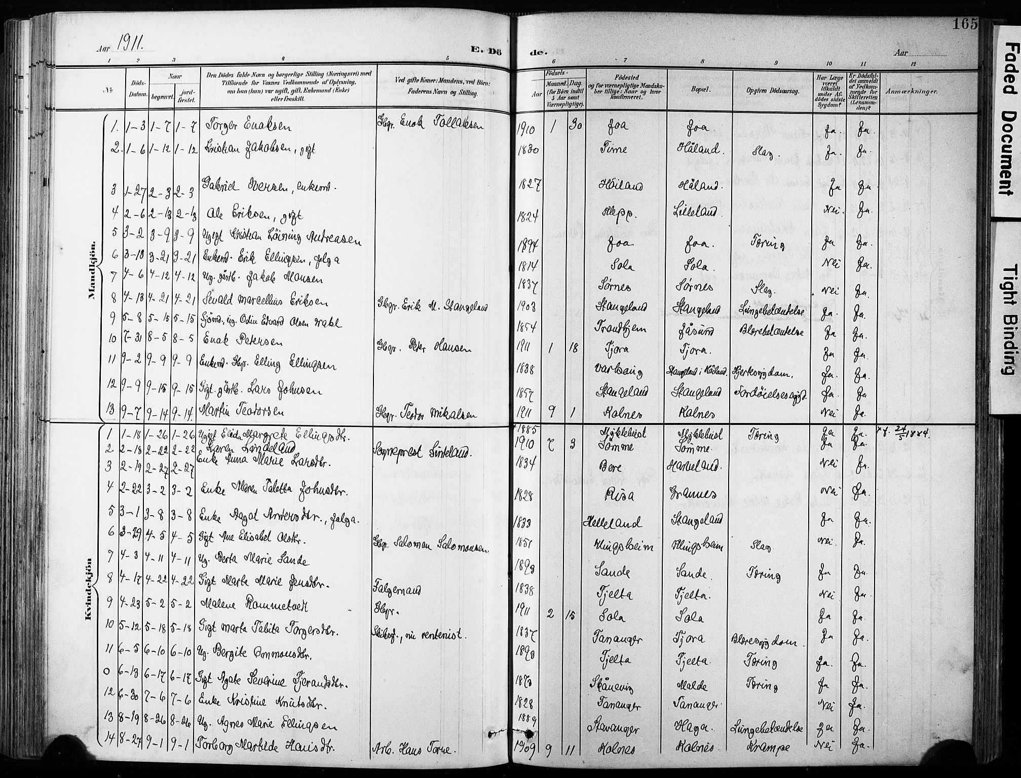 Håland sokneprestkontor, SAST/A-101802/001/30BA/L0013: Parish register (official) no. A 12, 1901-1913, p. 165