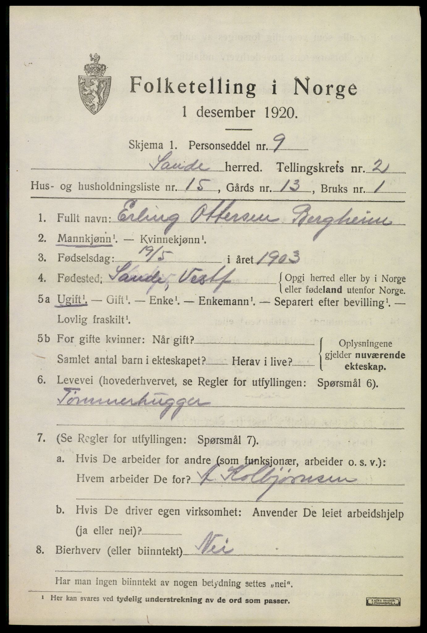 SAKO, 1920 census for Sande, 1920, p. 2346