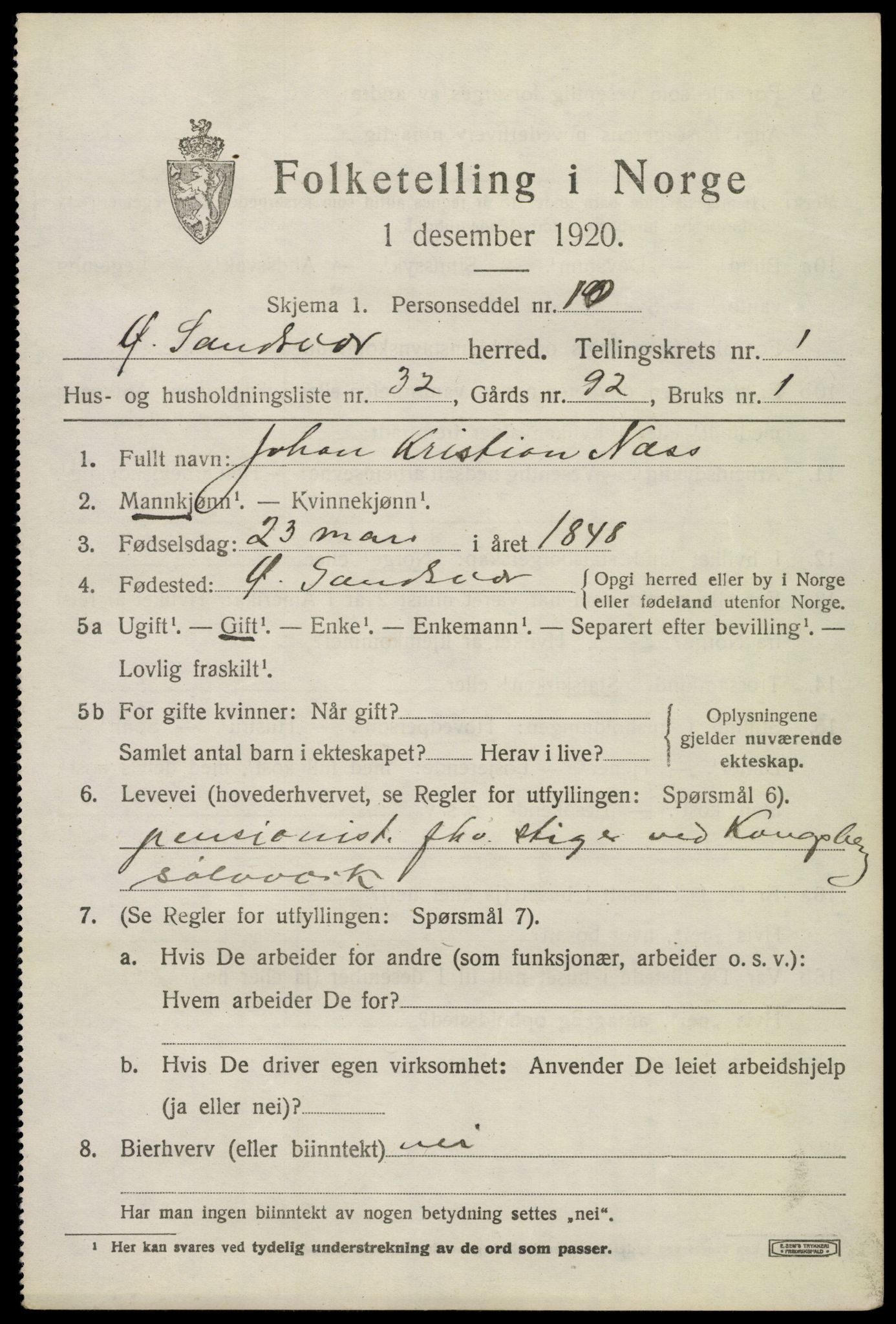 SAKO, 1920 census for Øvre Sandsvær, 1920, p. 1338