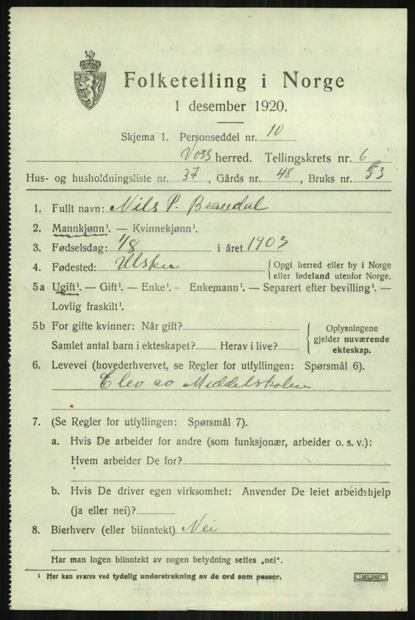 SAB, 1920 census for Voss, 1920, p. 6551