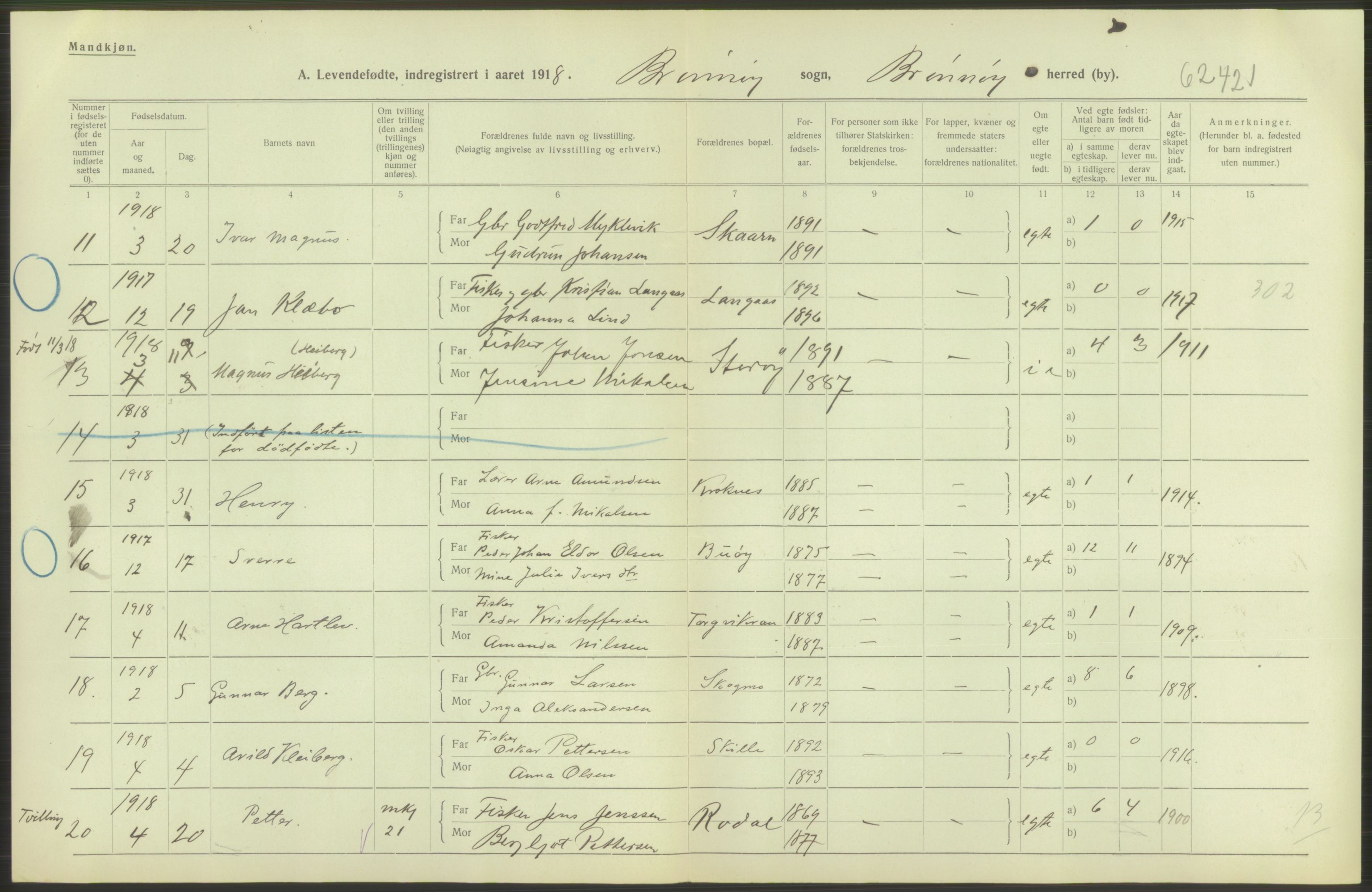 Statistisk sentralbyrå, Sosiodemografiske emner, Befolkning, AV/RA-S-2228/D/Df/Dfb/Dfbh/L0052: Nordland fylke: Levendefødte menn og kvinner. Bygder., 1918, p. 28