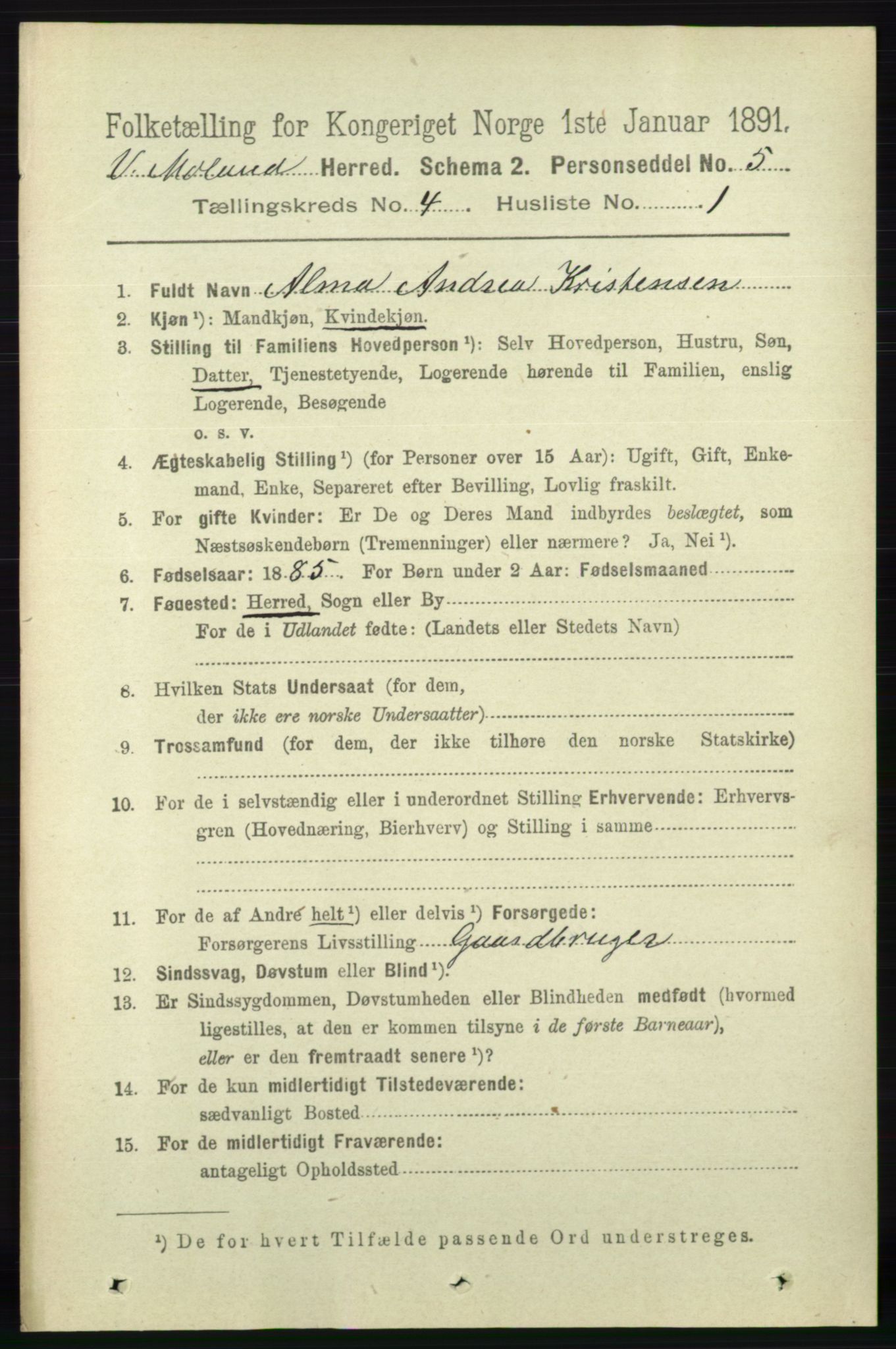 RA, 1891 census for 0926 Vestre Moland, 1891, p. 1228