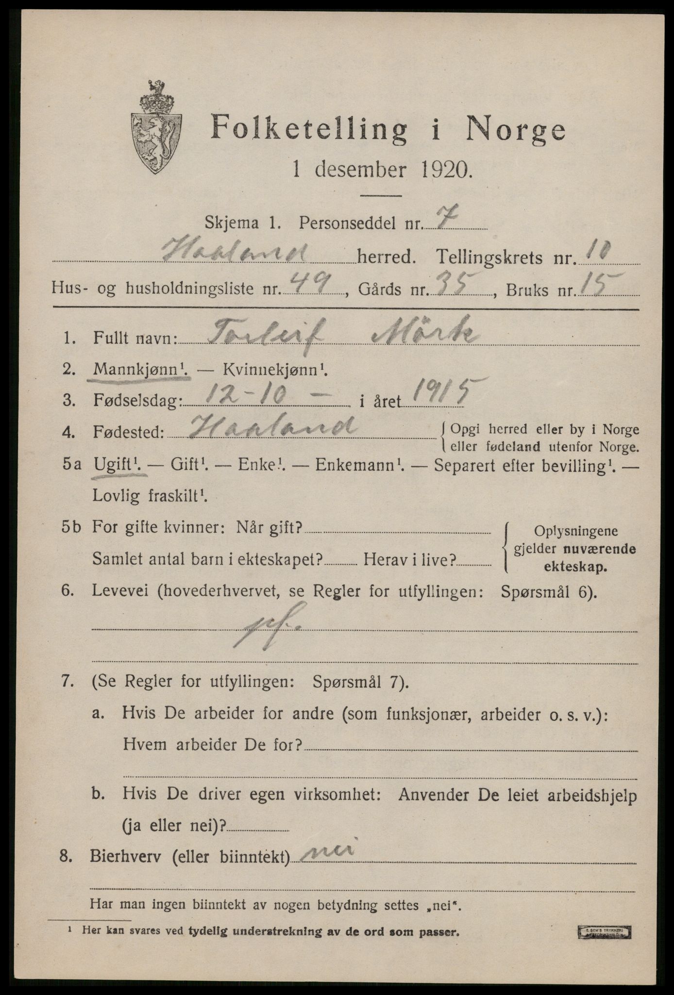 SAST, 1920 census for Håland, 1920, p. 7959