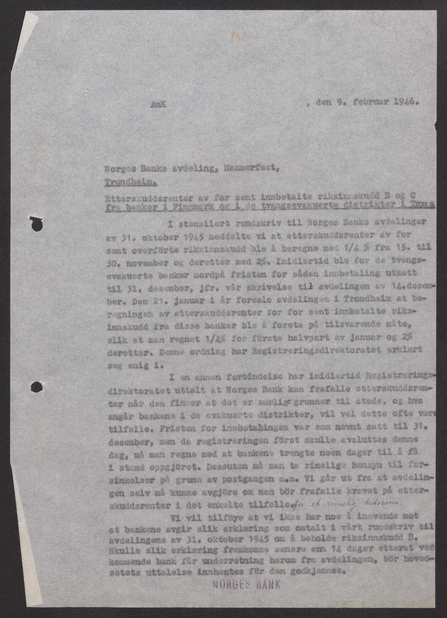Norges Bank, Seddelinnløsningen, AV/RA-S-3945/D/L0009/0002: Saksarkiv / Korrespondanse. Hammerfest, 1945-1946, p. 2