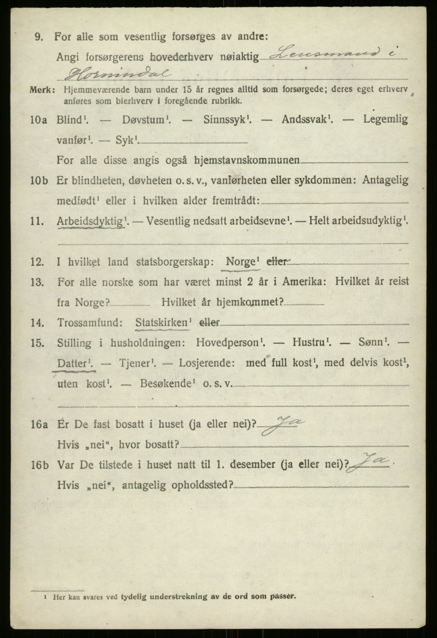 SAB, 1920 census for Hornindal, 1920, p. 1257