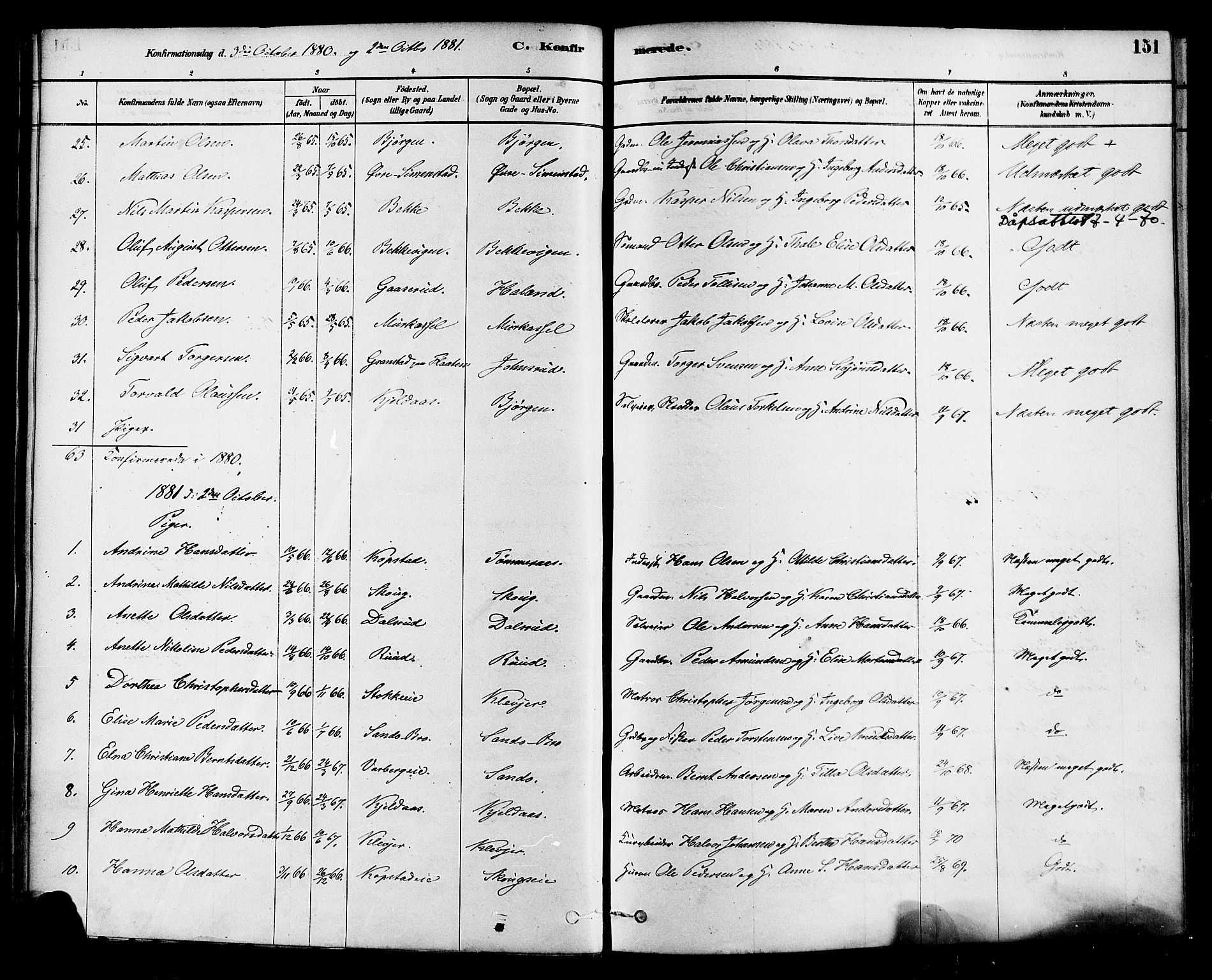 Sande Kirkebøker, AV/SAKO-A-53/F/Fa/L0006: Parish register (official) no. 6, 1878-1888, p. 151