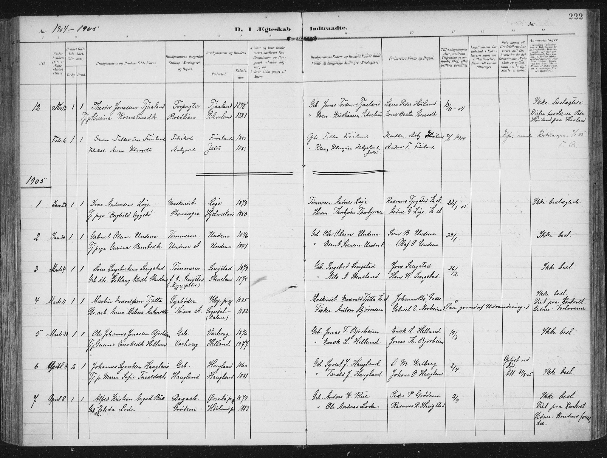 Lye sokneprestkontor, SAST/A-101794/002/A/L0001: Parish register (official) no. A 12, 1904-1920, p. 222