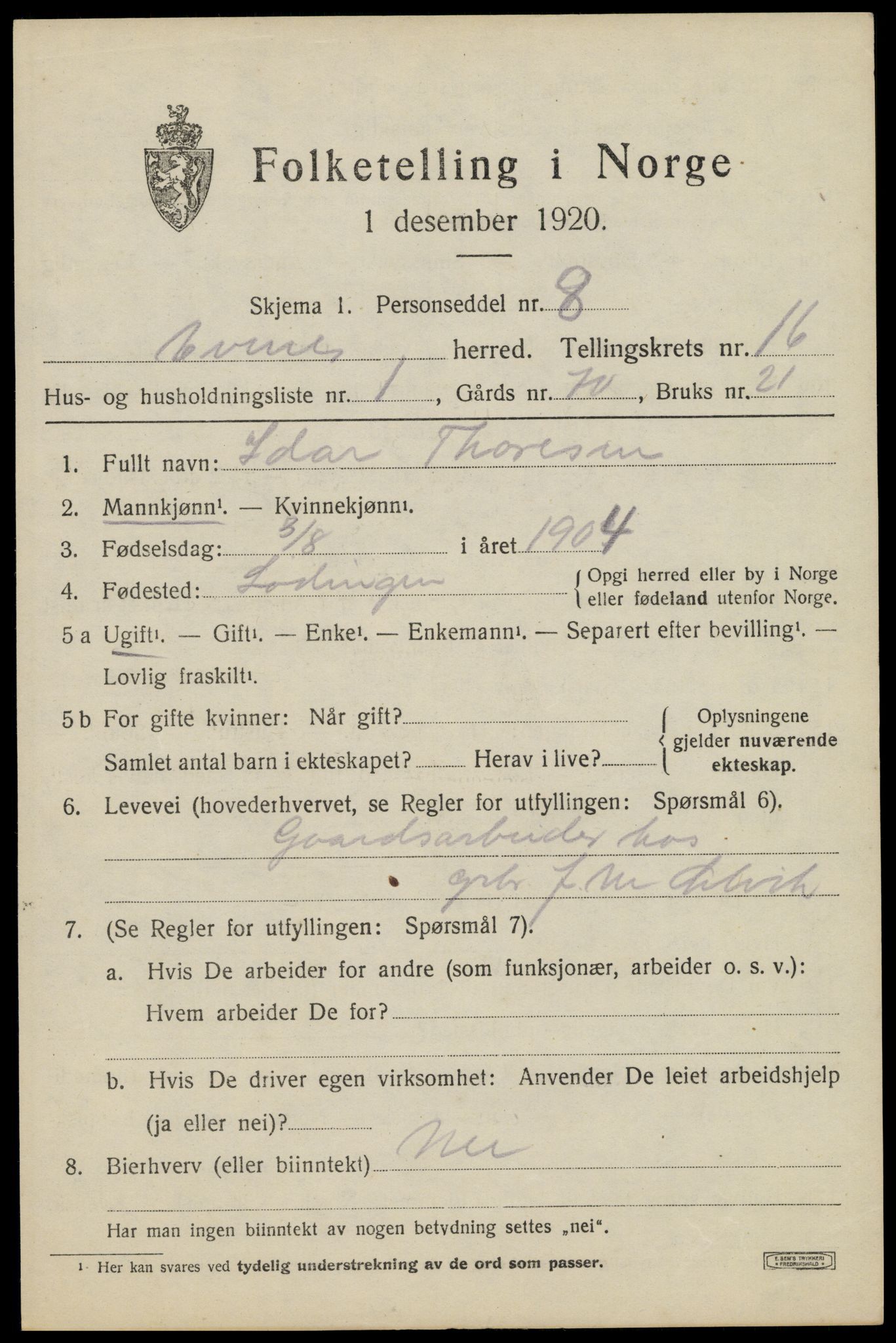 SAT, 1920 census for Evenes, 1920, p. 13196