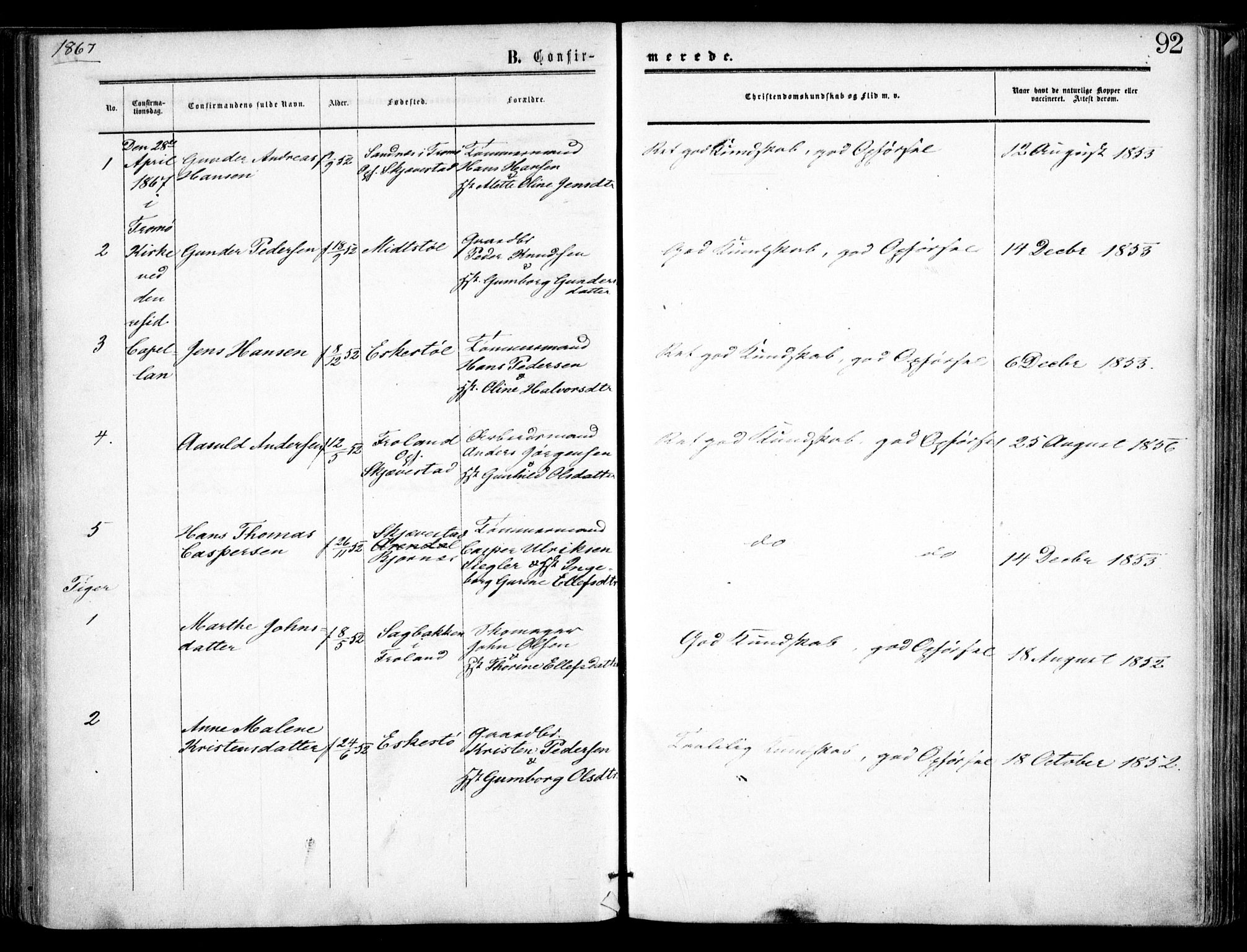 Austre Moland sokneprestkontor, AV/SAK-1111-0001/F/Fa/Faa/L0008: Parish register (official) no. A 8, 1858-1868, p. 92