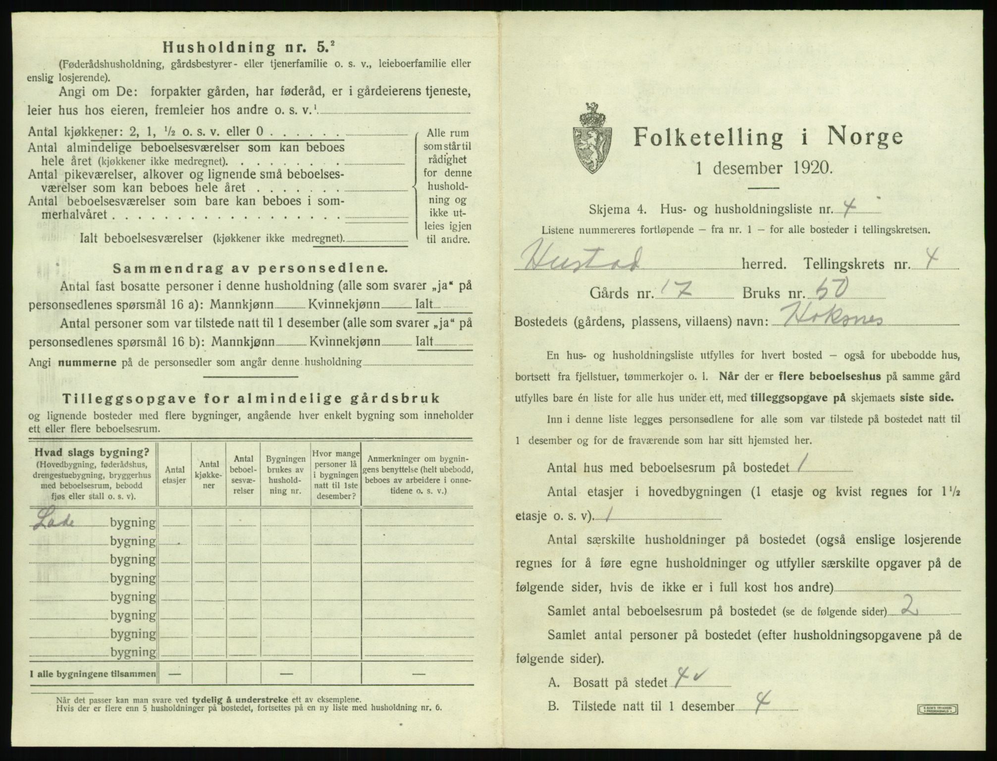 SAT, 1920 census for Hustad, 1920, p. 379