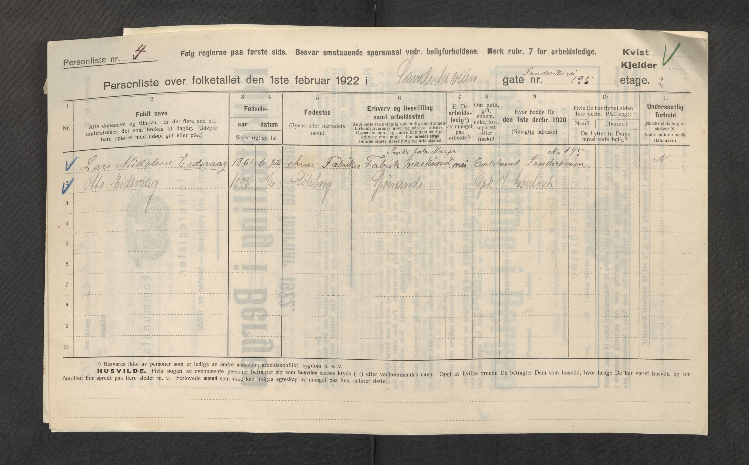 SAB, Municipal Census 1922 for Bergen, 1922, p. 34540