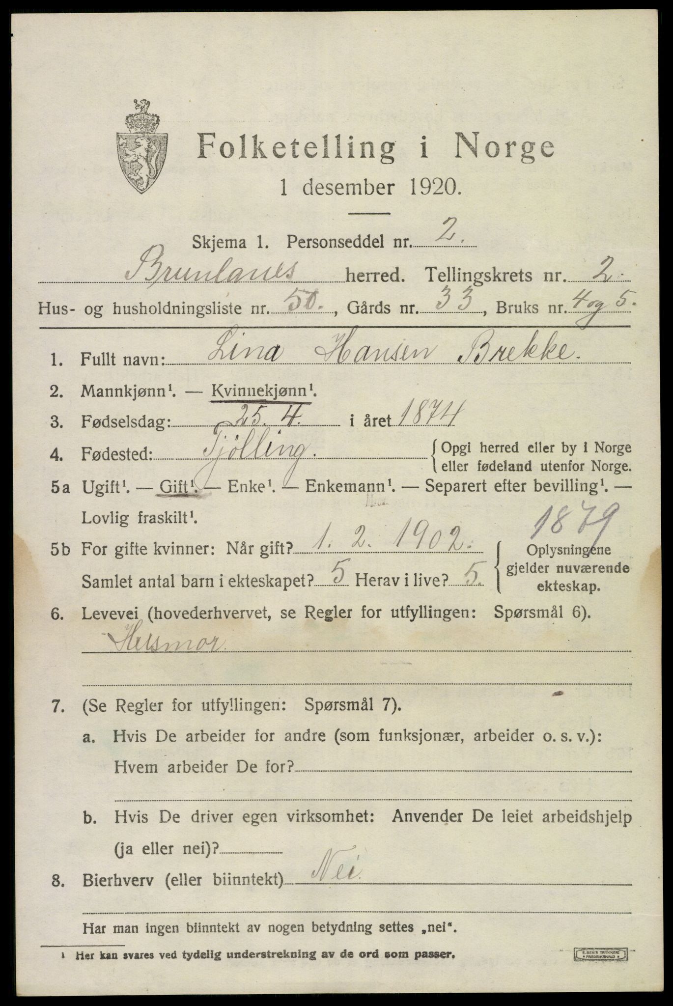 SAKO, 1920 census for Brunlanes, 1920, p. 3837