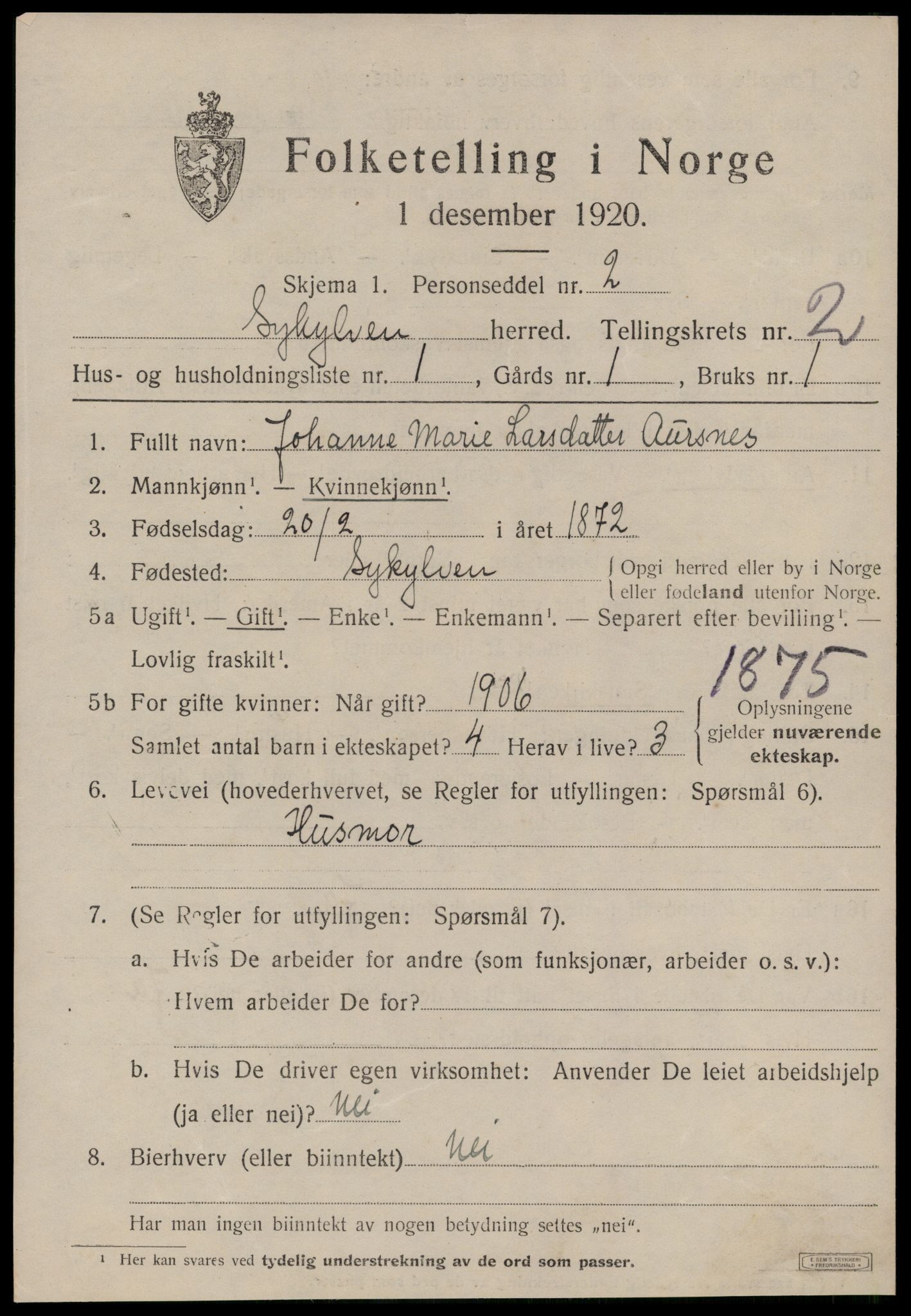 SAT, 1920 census for Sykkylven, 1920, p. 1363