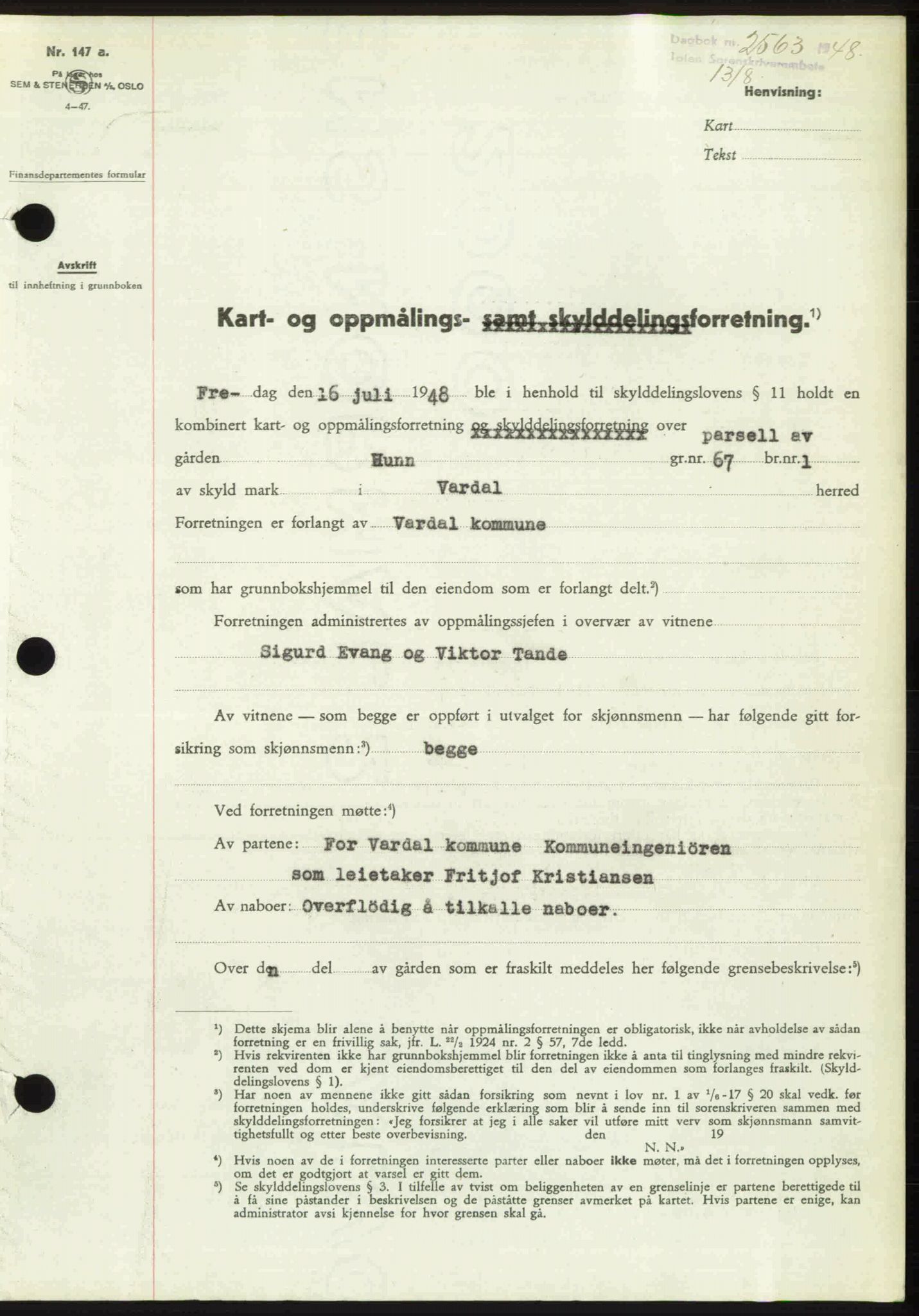 Toten tingrett, SAH/TING-006/H/Hb/Hbc/L0020: Mortgage book no. Hbc-20, 1948-1948, Diary no: : 2563/1948
