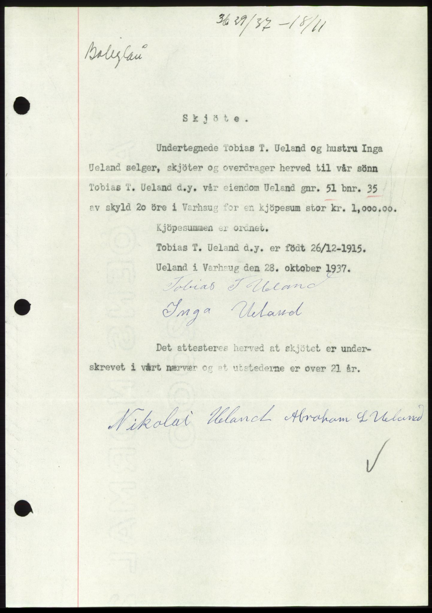 Jæren sorenskriveri, SAST/A-100310/03/G/Gba/L0069: Mortgage book, 1937-1937, Diary no: : 3629/1937