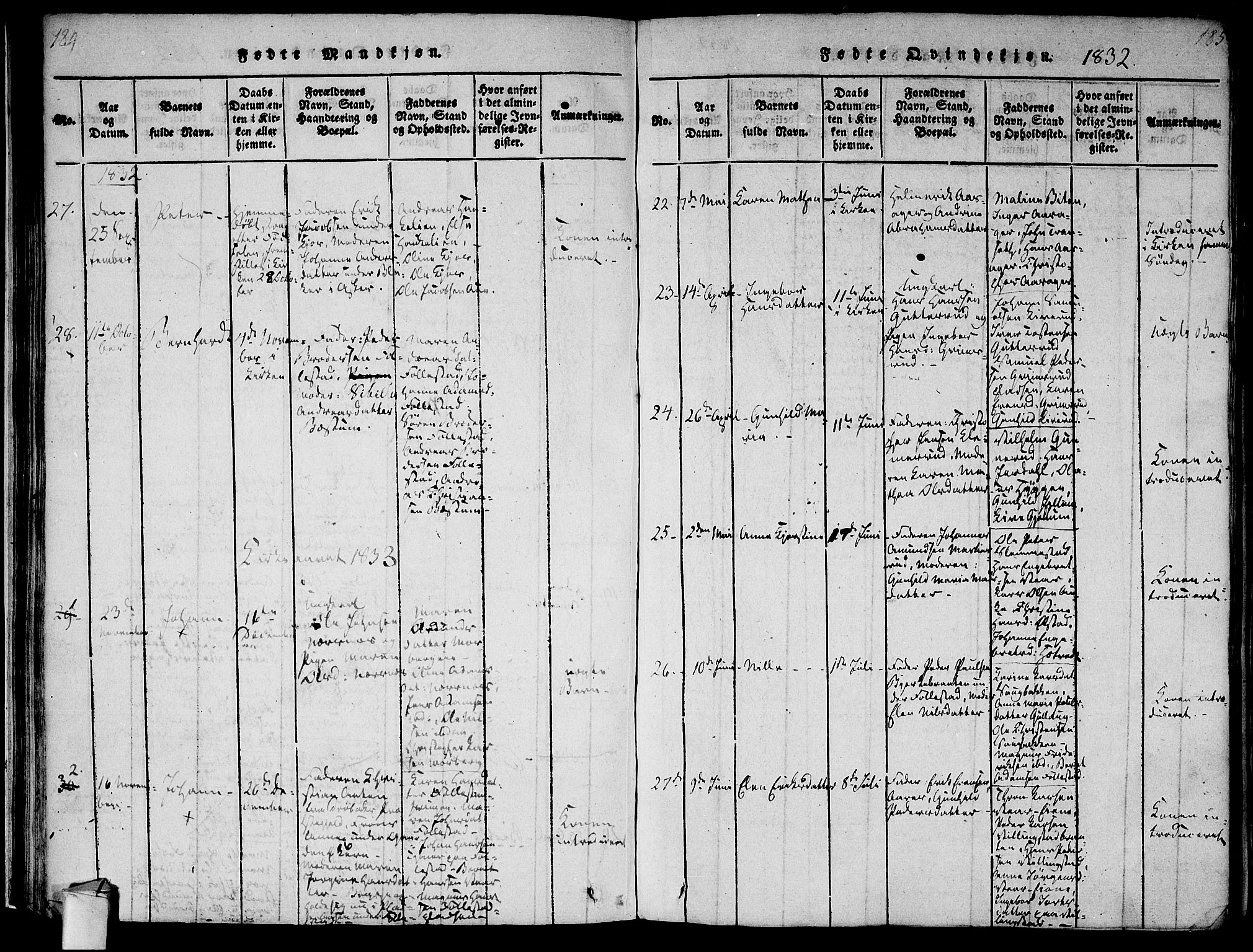 Røyken kirkebøker, AV/SAKO-A-241/F/Fa/L0004: Parish register (official) no. 4, 1814-1832, p. 184-185