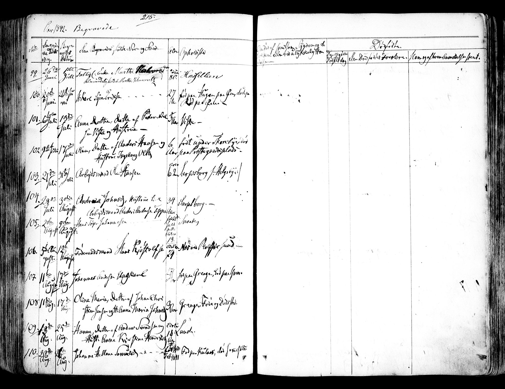 Tune prestekontor Kirkebøker, AV/SAO-A-2007/F/Fa/L0009: Parish register (official) no. 9, 1842-1846, p. 215