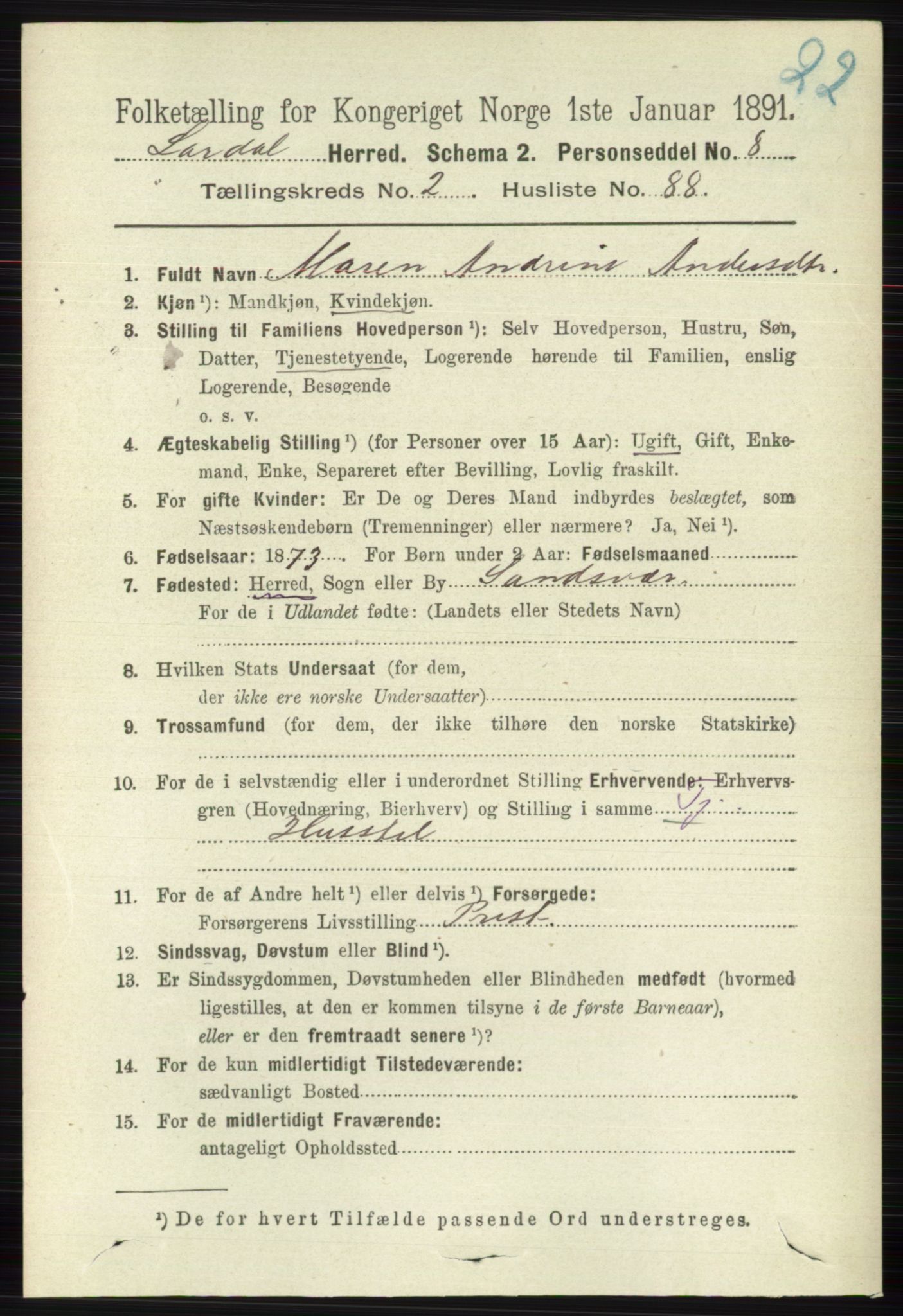 RA, 1891 census for 0728 Lardal, 1891, p. 1219