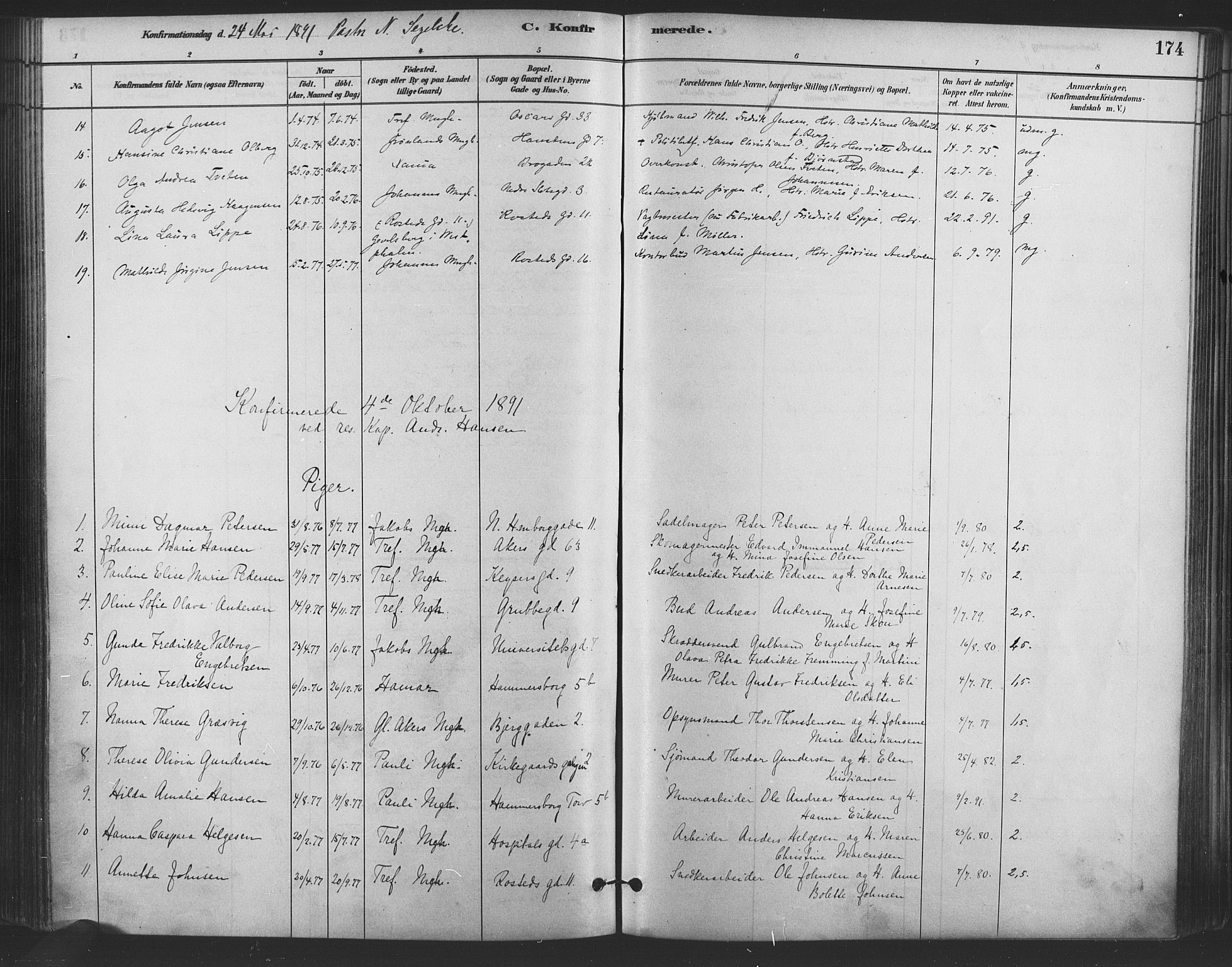 Trefoldighet prestekontor Kirkebøker, SAO/A-10882/F/Fb/L0003: Parish register (official) no. II 3, 1881-1895, p. 174