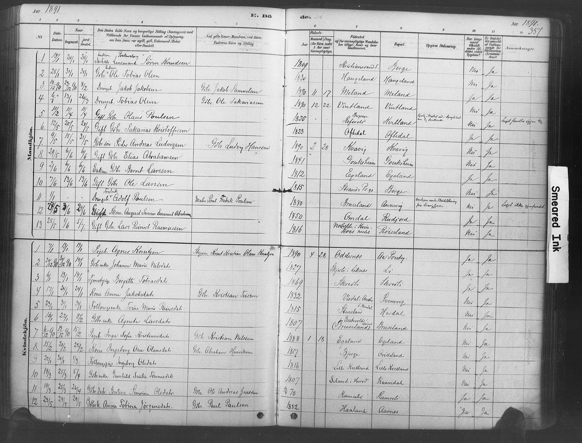 Lyngdal sokneprestkontor, AV/SAK-1111-0029/F/Fa/Fac/L0011: Parish register (official) no. A 11, 1878-1893, p. 357