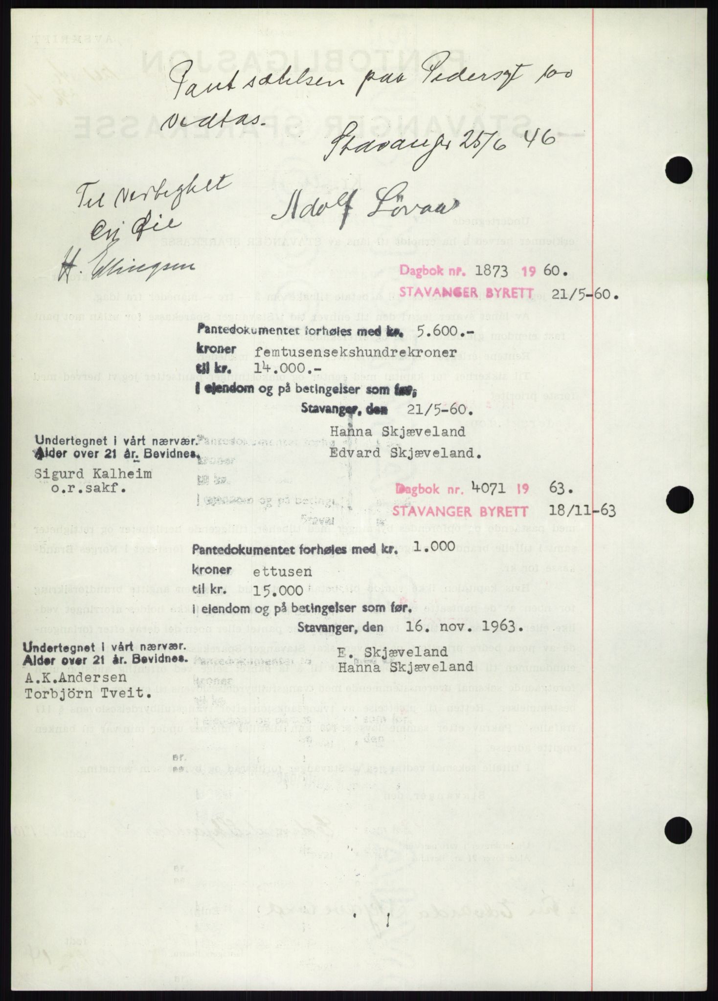 Stavanger byrett, SAST/A-100455/002/G/Gb/L0031: Mortgage book, 1943-1947, Diary no: : 1261/1946