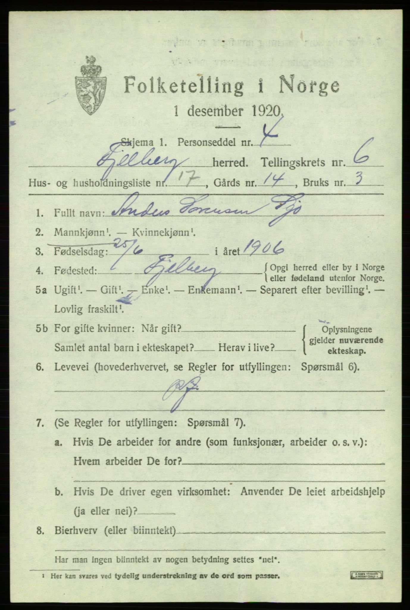 SAB, 1920 census for Fjelberg, 1920, p. 2419