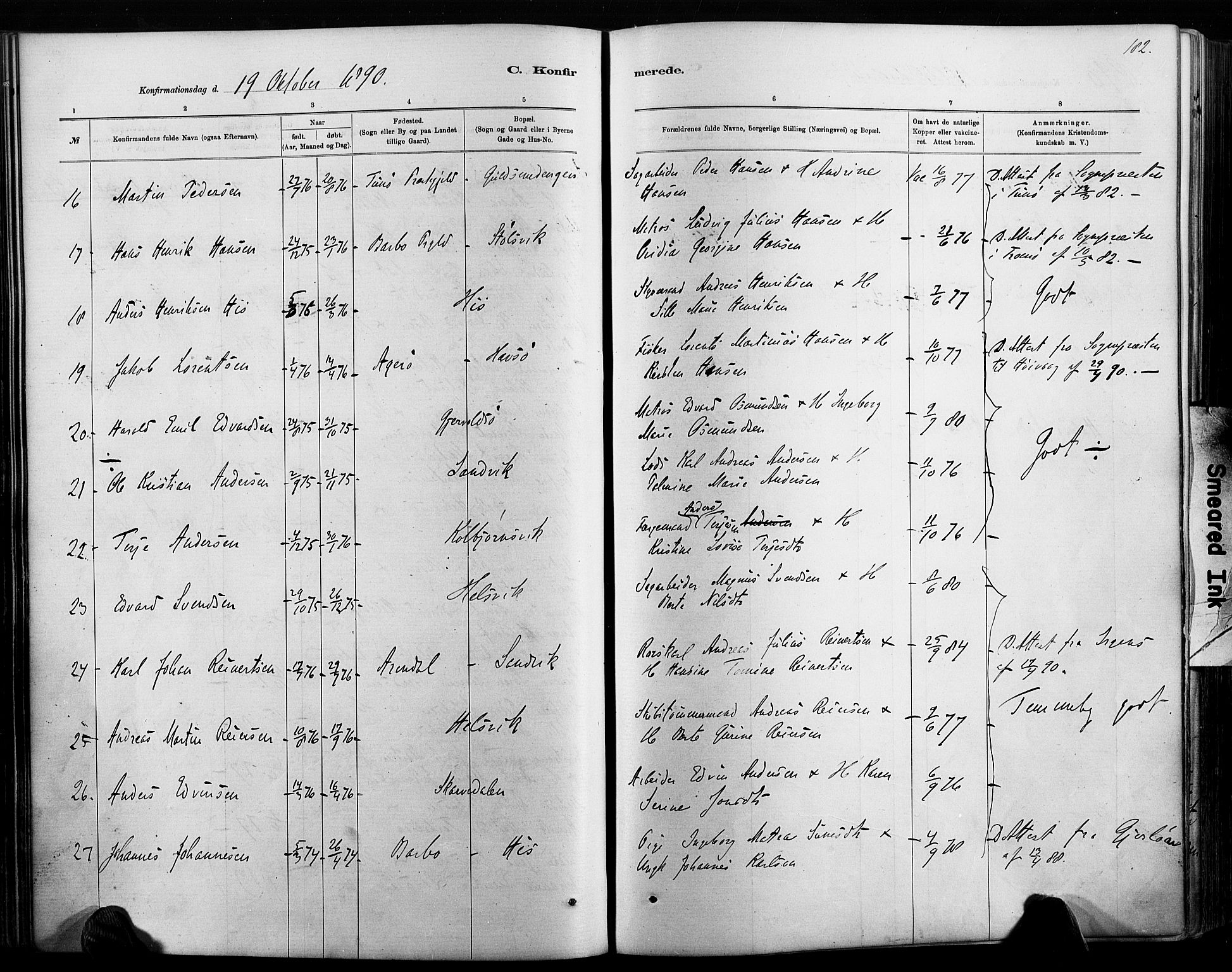 Hisøy sokneprestkontor, AV/SAK-1111-0020/F/Fa/L0003: Parish register (official) no. A 3, 1881-1894, p. 182