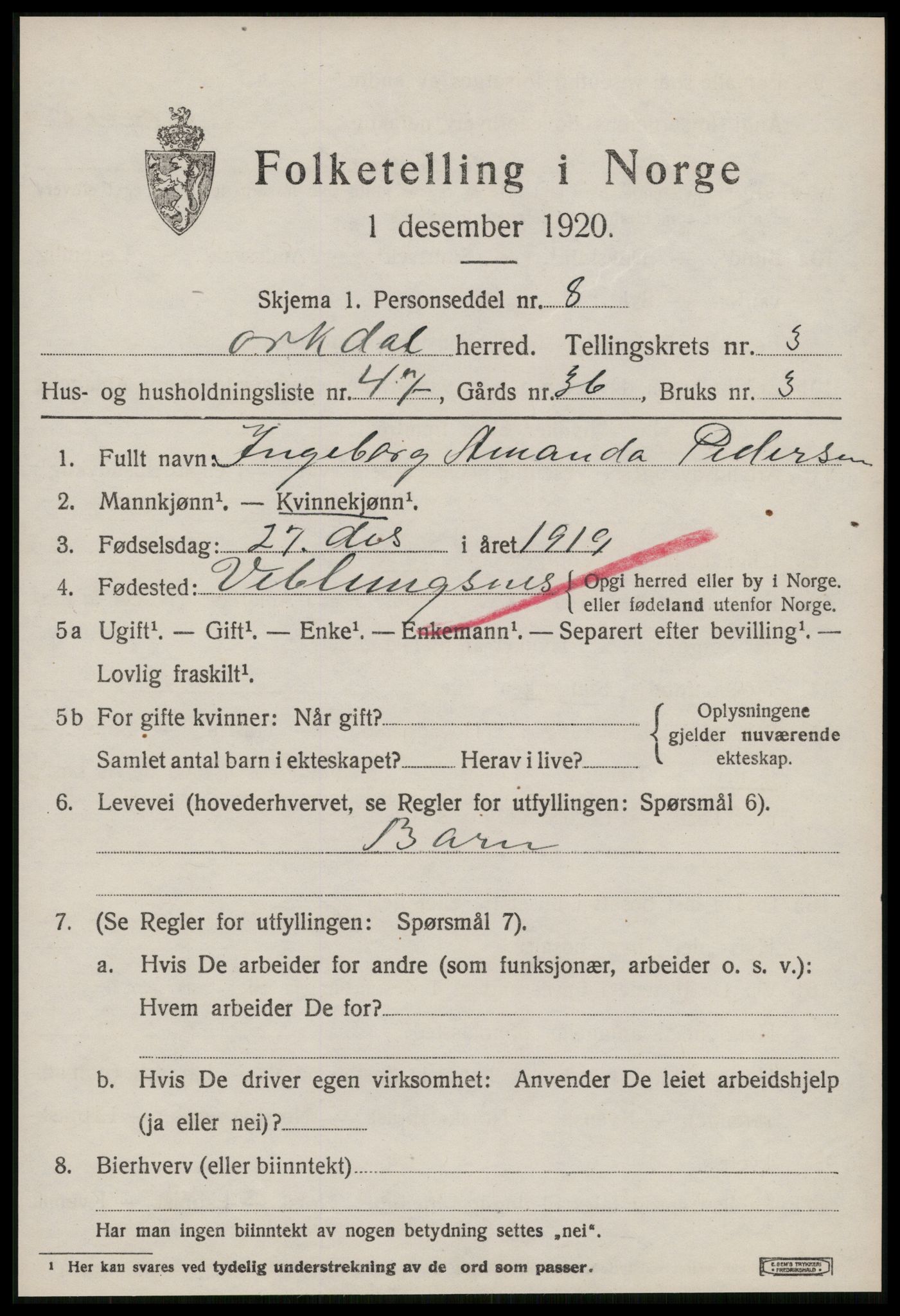 SAT, 1920 census for Orkdal, 1920, p. 3688